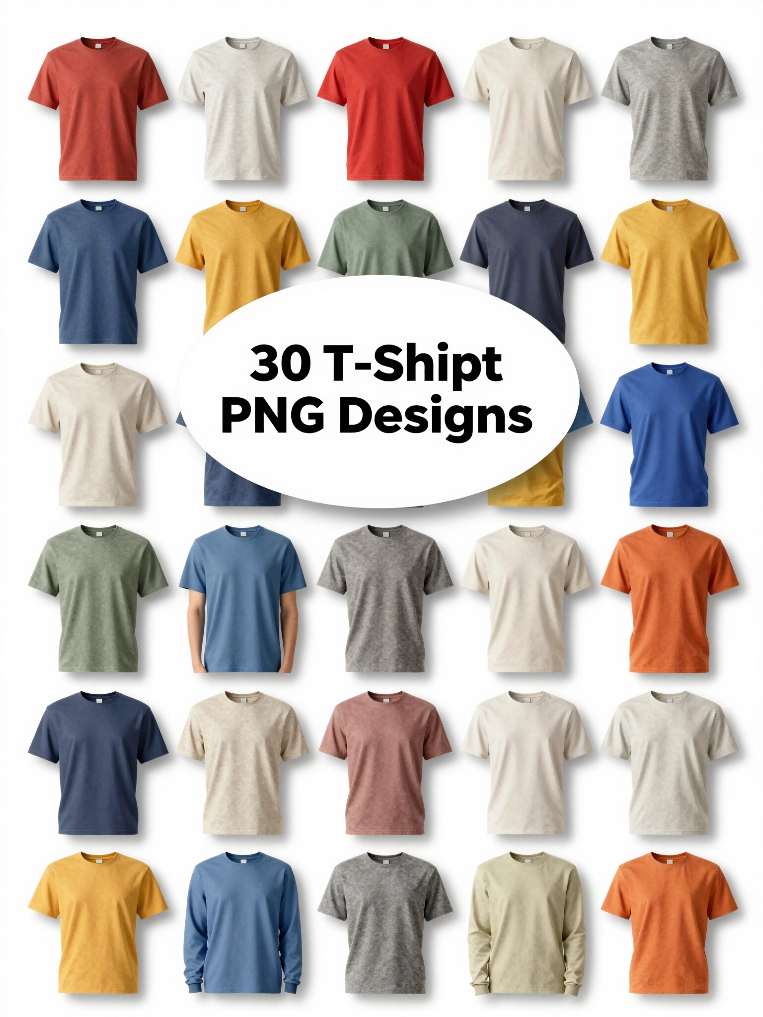 A diverse grid of 30 t-shirts with different designs and colors, showcasing a mix of casual and graphic tees.