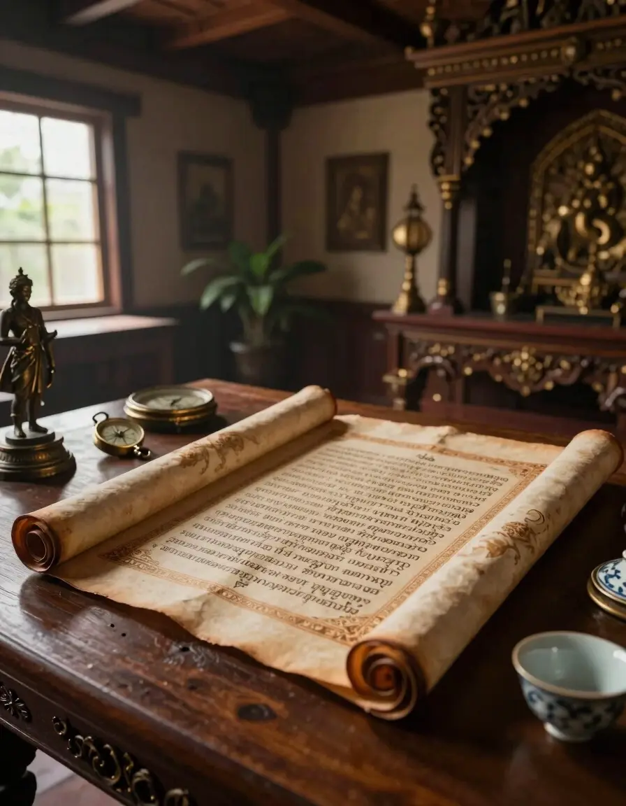 Ancient scroll with golden borders and Thai script on a dark brown wooden table.