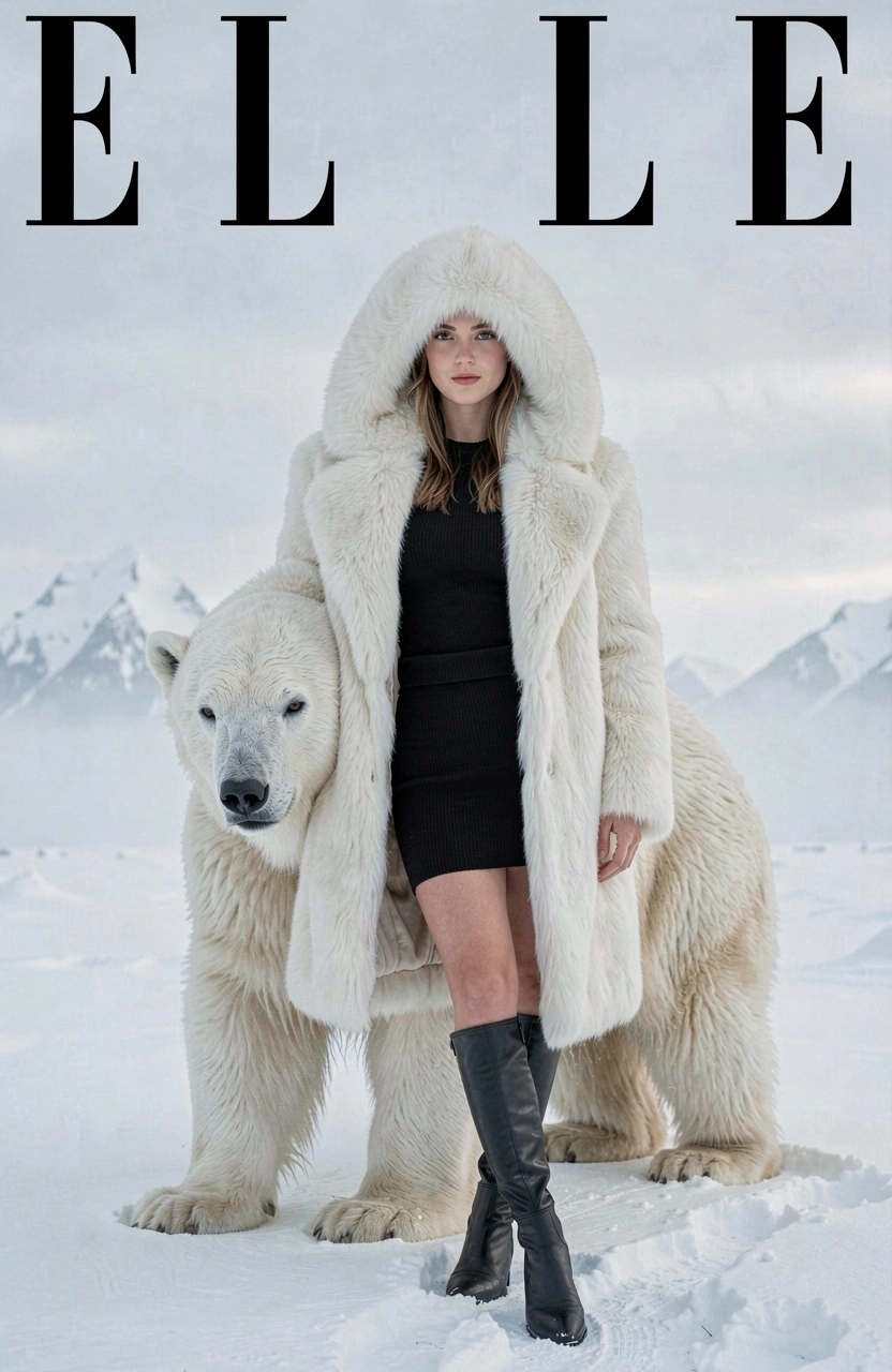 Woman in white fur coat standing with polar bear in snow