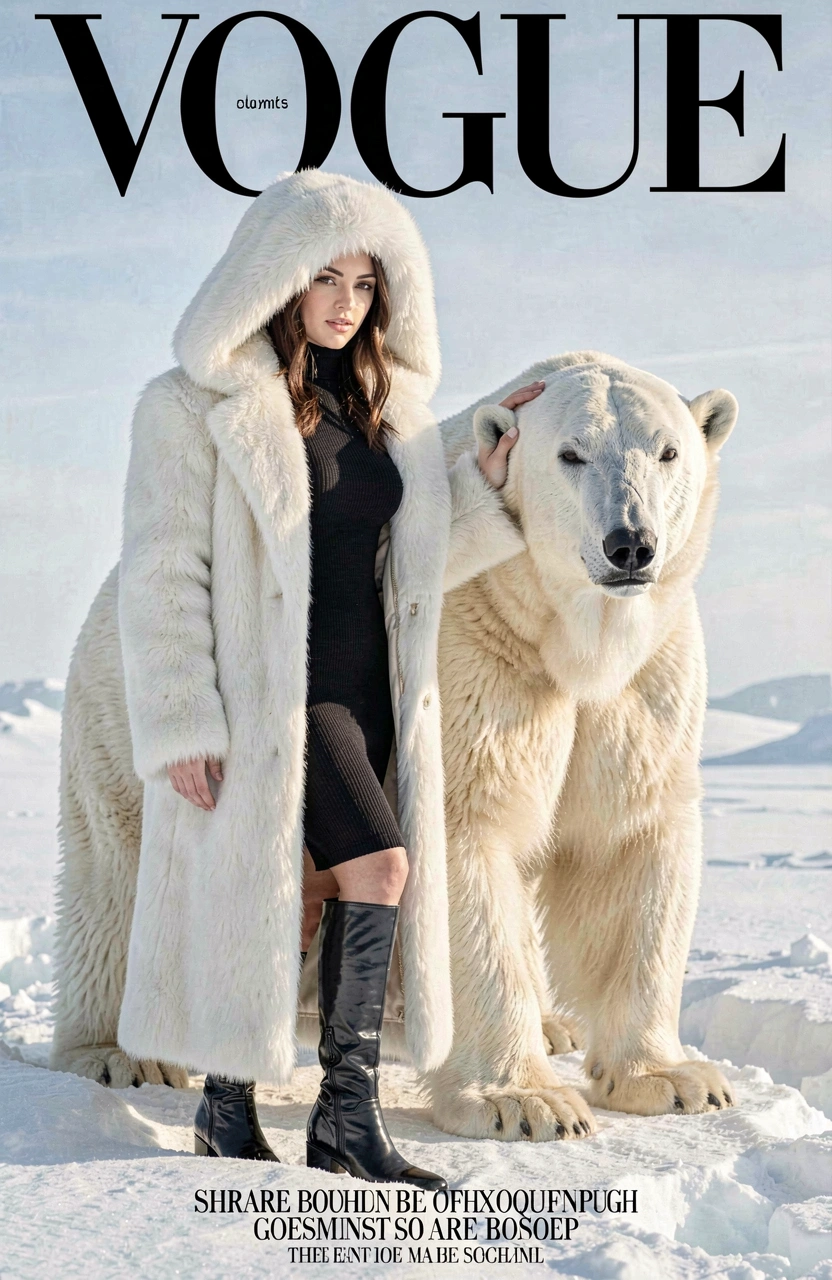 Woman in white fur coat and black boots posing with a polar bear in the snow.