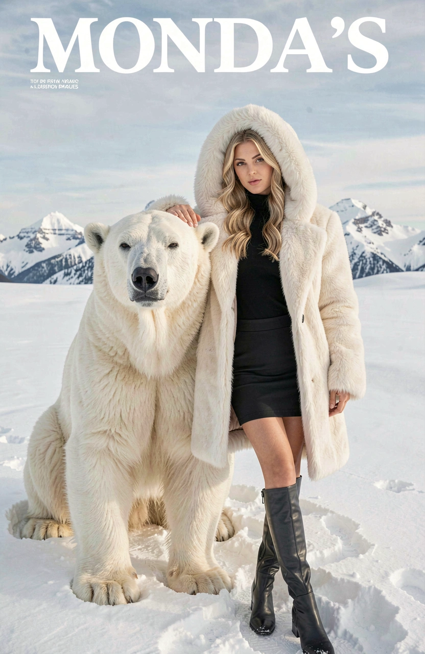 A woman in a white fur coat stands with a polar bear in the snow, embodying luxury and adventure.