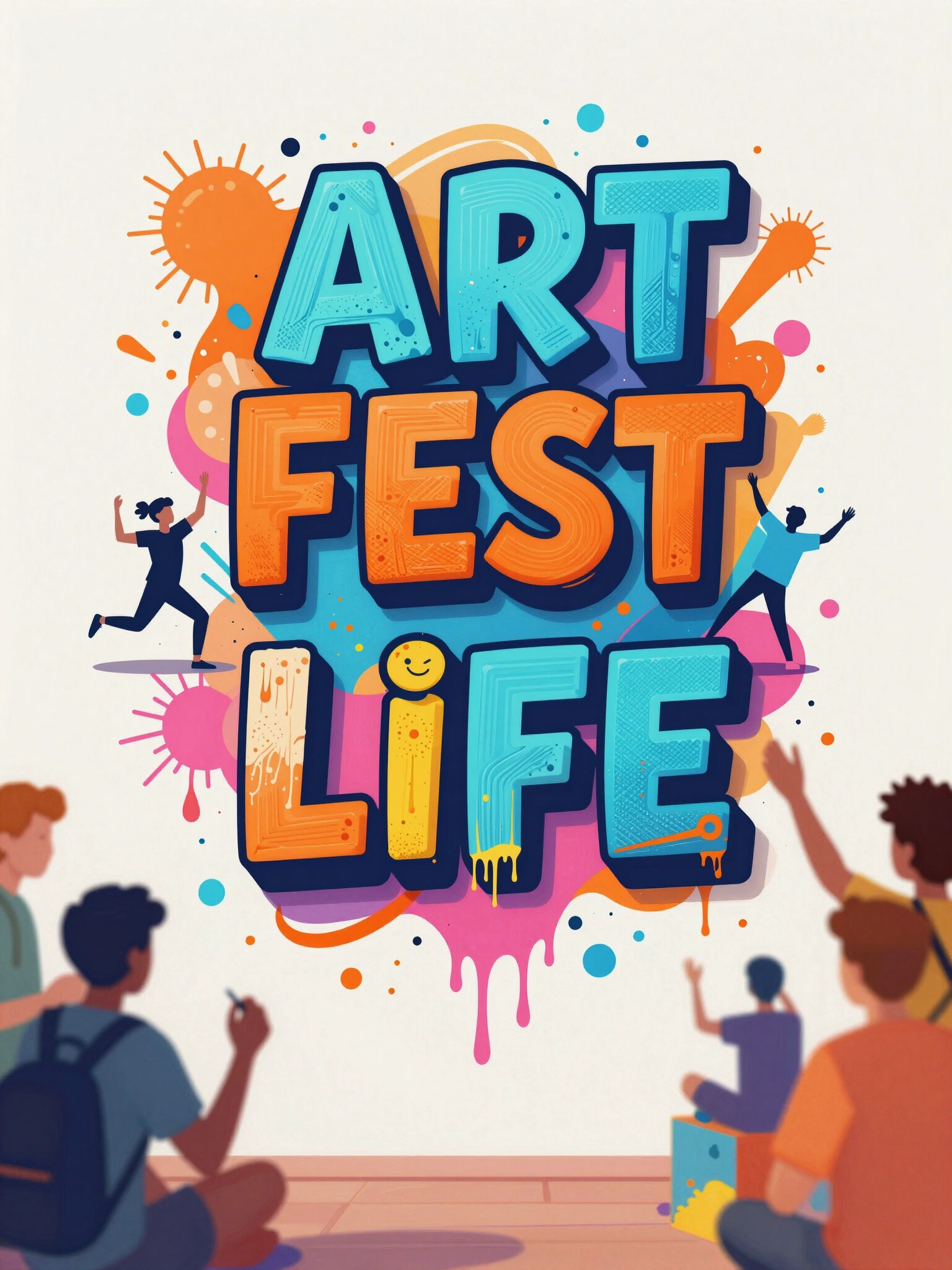 Vibrant graphic design concept featuring 'ART FEST LIFE' in bold, colorful lettering with silhouettes of people engaging in artistic activities, surrounded by paint splatters.