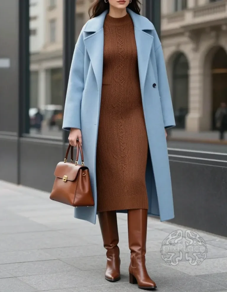 Woman in brown knit dress and light blue coat standing on a city sidewalk.