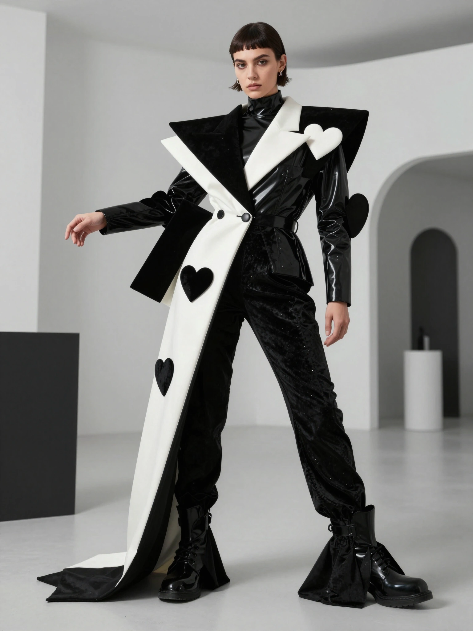 Avant-garde fashion ensemble with black and white color palette, geometric silhouettes, and heart-shaped accents in a dynamic, abstract environment.