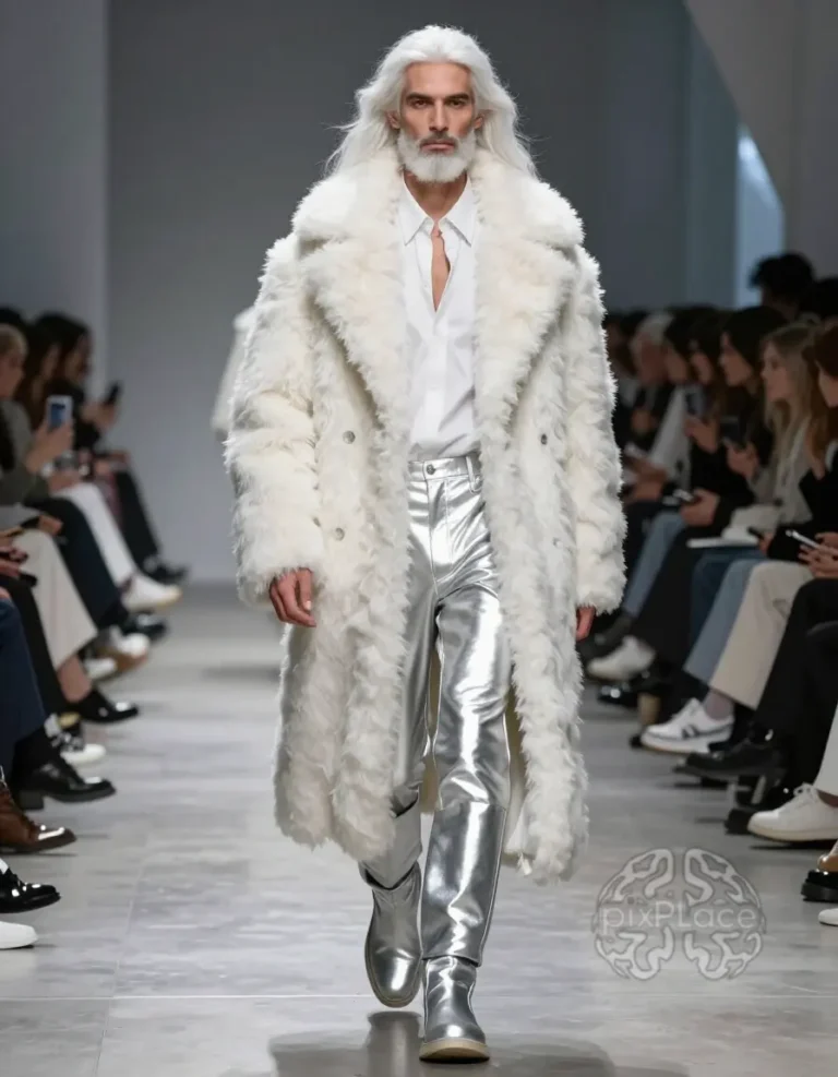 Male model showcasing avant-garde winter fashion on a runway, wearing a white fluffy coat and silver metallic outfit.