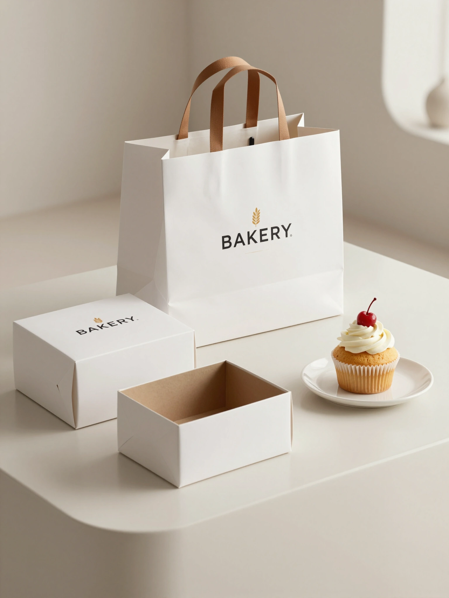 Bakery packaging set with white bag and boxes, brown ribbon handle, and cupcake on a white plate