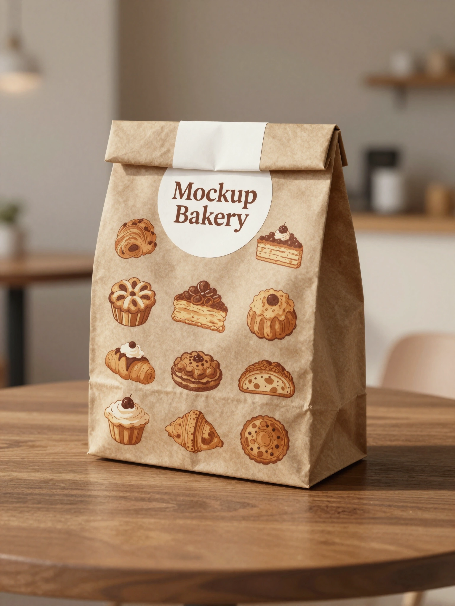 Brown paper bag with bakery illustrations and 'Mockup Bakery' text on a wooden table