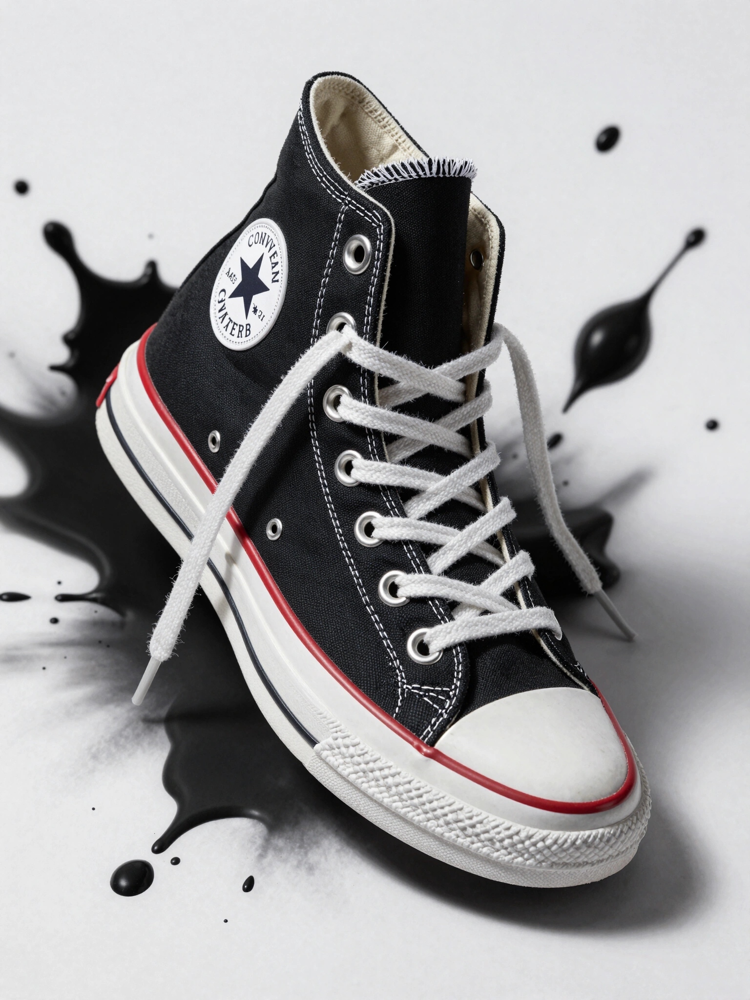 Black and white Converse sneaker with red trim, positioned at an angle on a white background with black paint splatters.