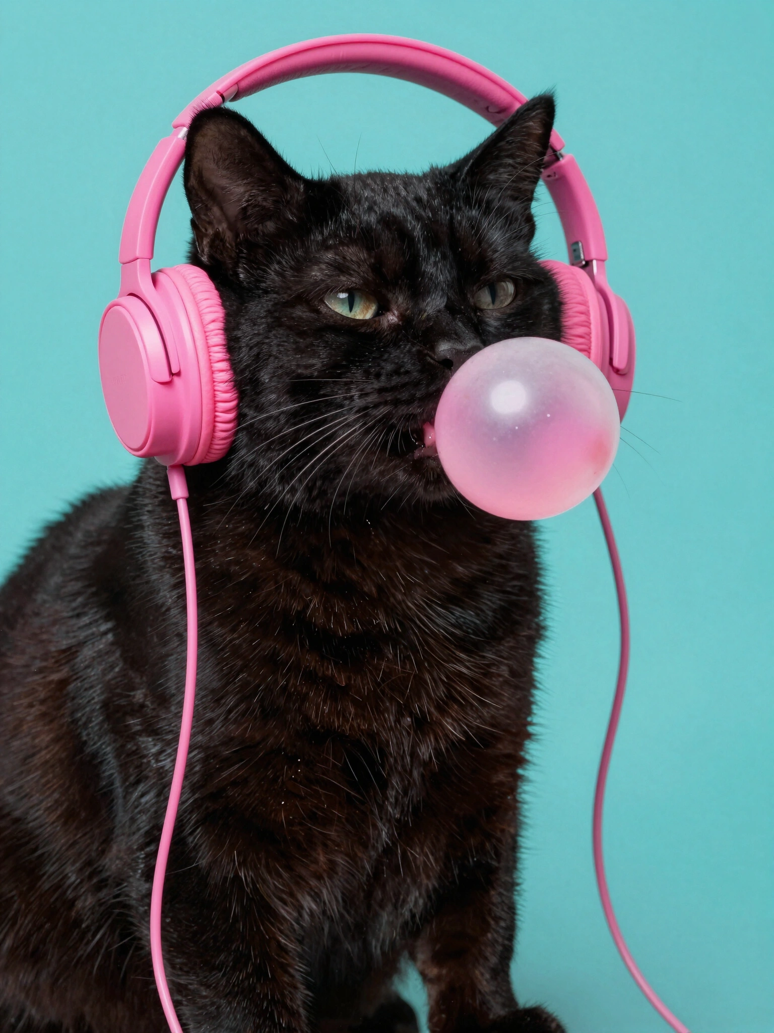 Black cat with pink headphones blowing pink gum bubble
