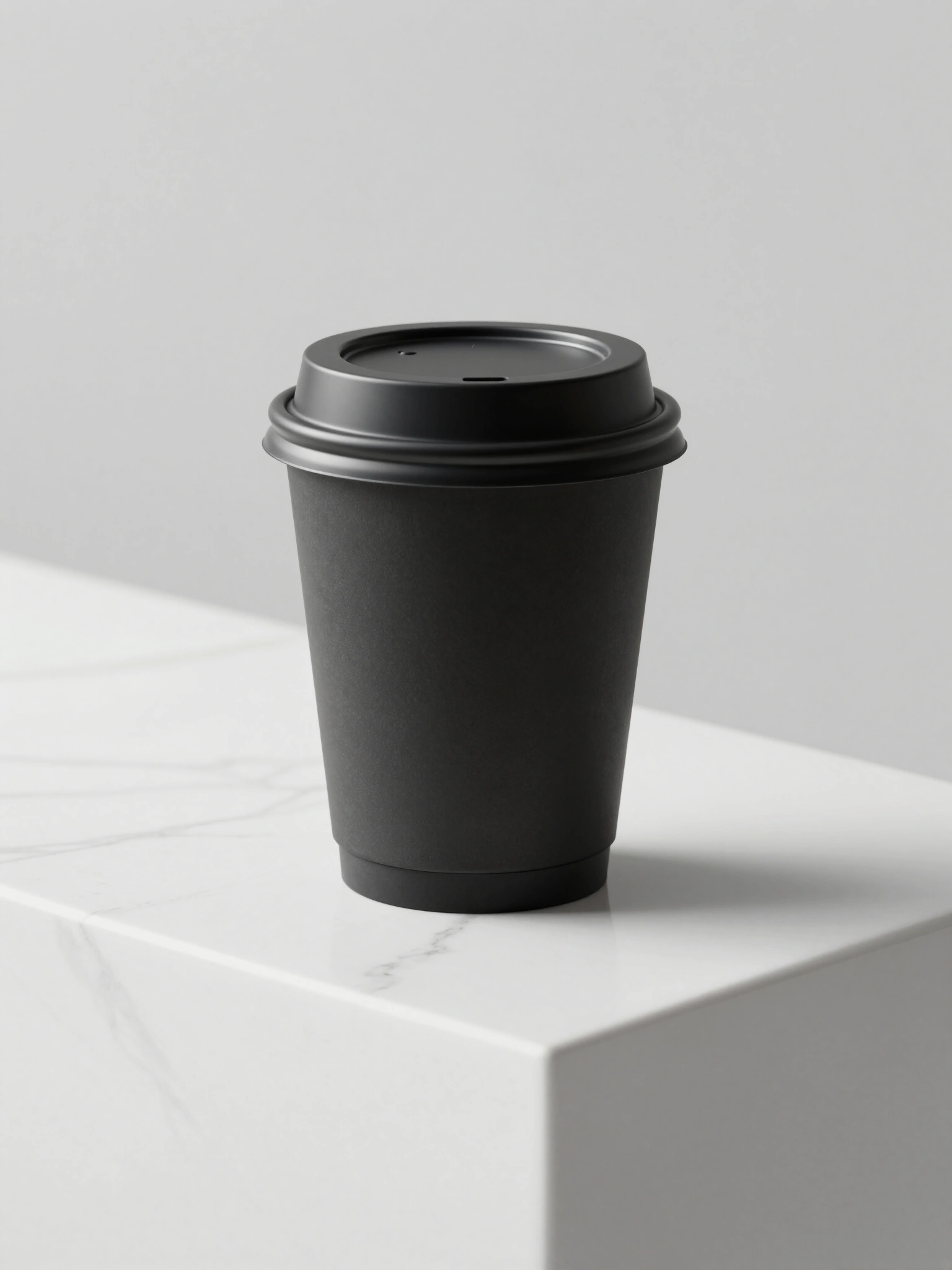 Black coffee cup with lid on white marble surface
