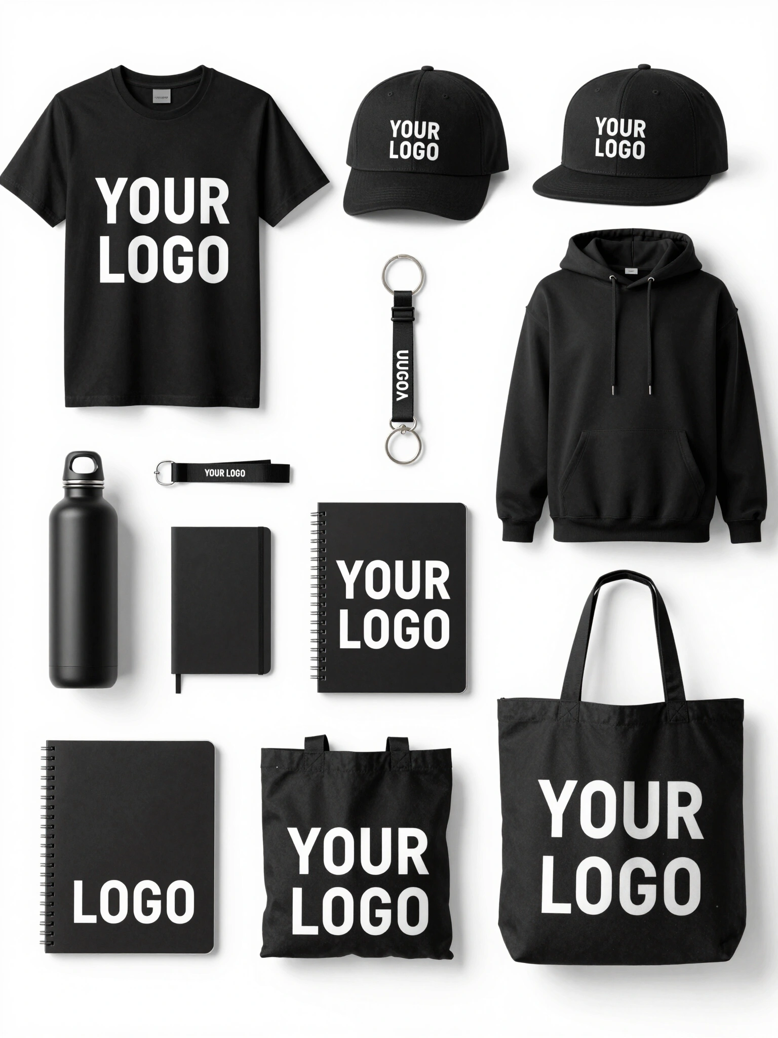 Black promotional products collection featuring t-shirt, cap, hoodie, keychain, lanyard, water bottle, notebook, and tote bag with white logo placeholders on a white background.