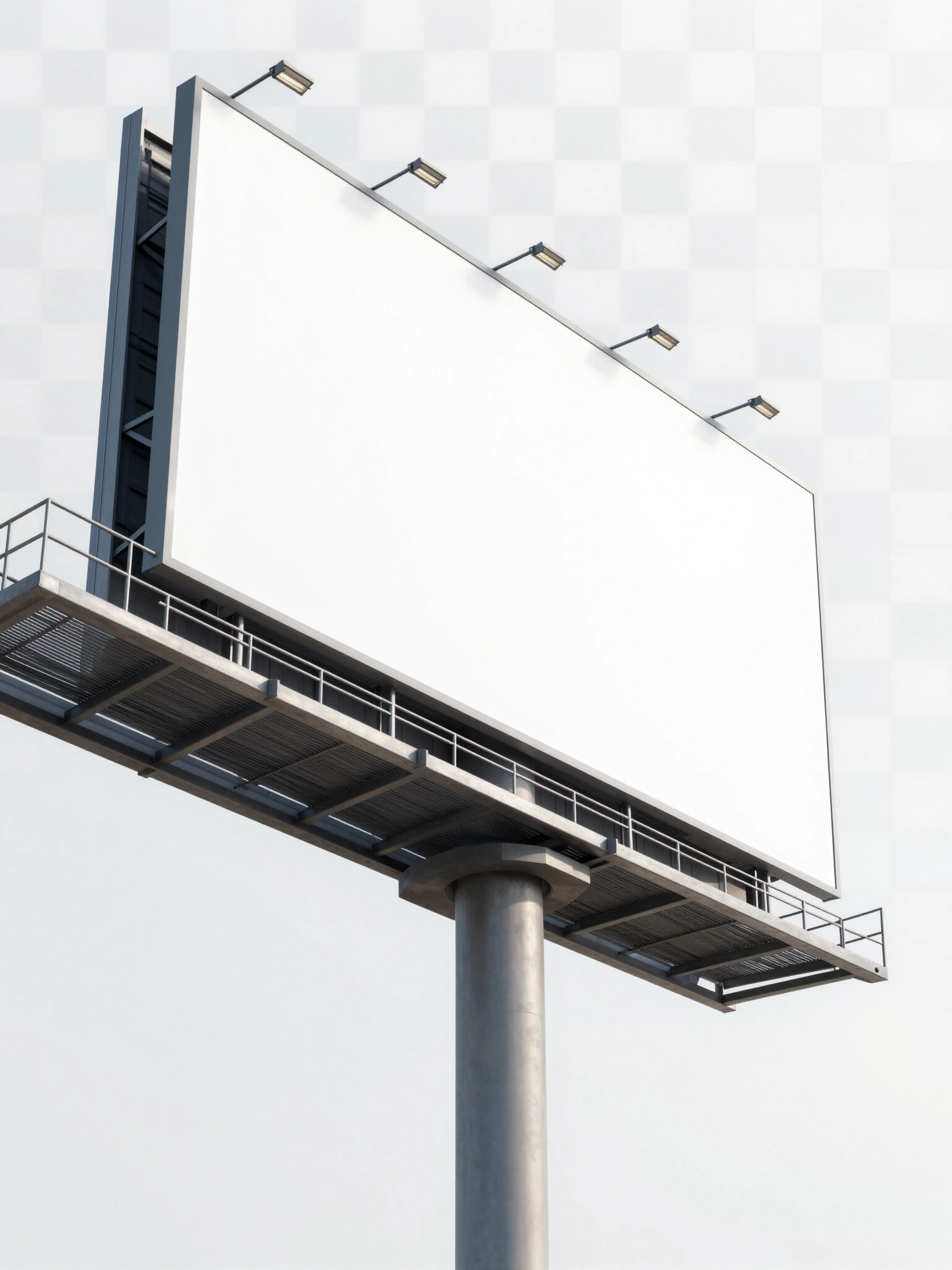 Large outdoor billboard with blank white surface and metal catwalk, supported by a thick metal pole