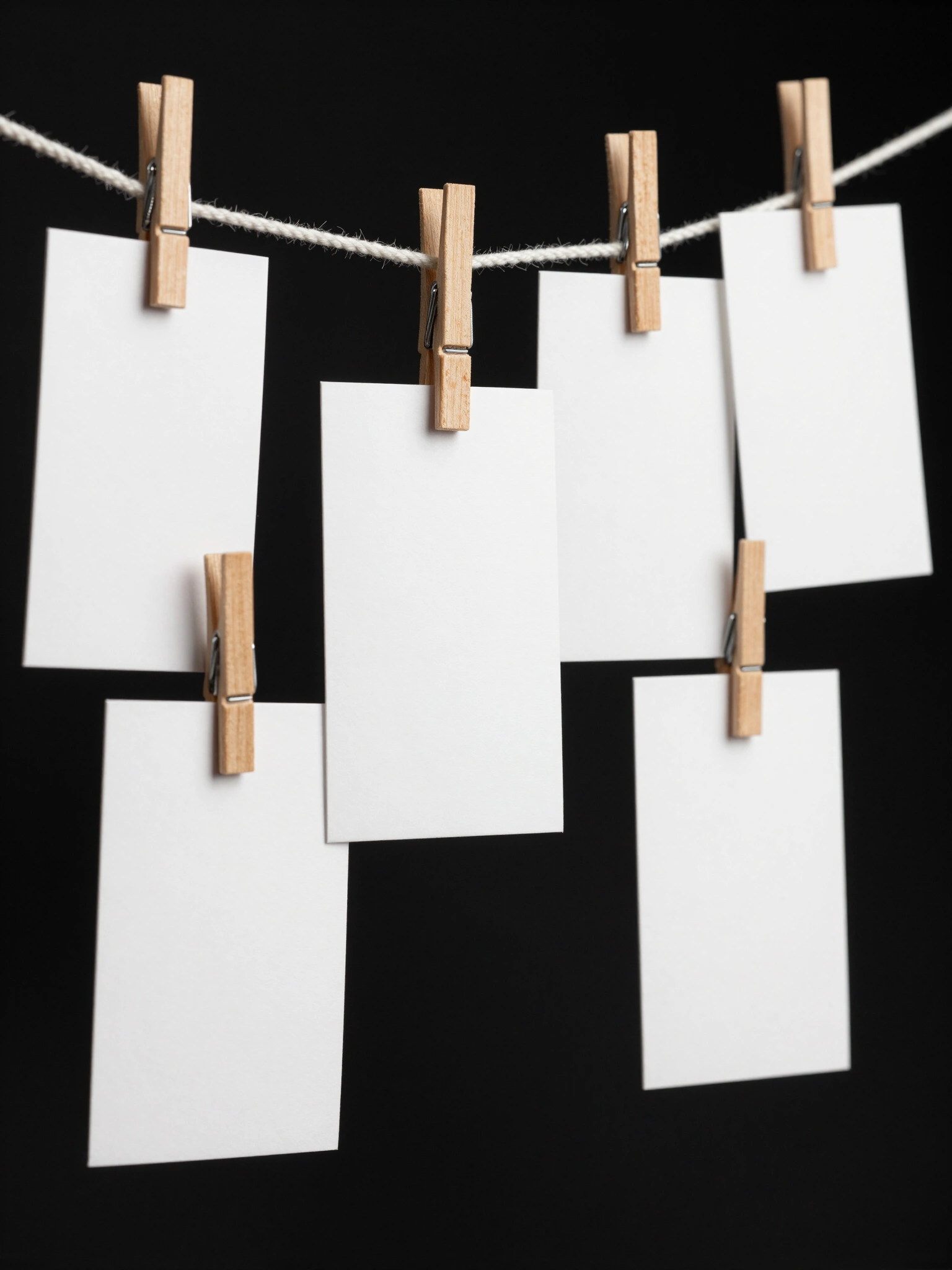 Five blank white cards attached to a white rope with wooden clothespins against a black background.