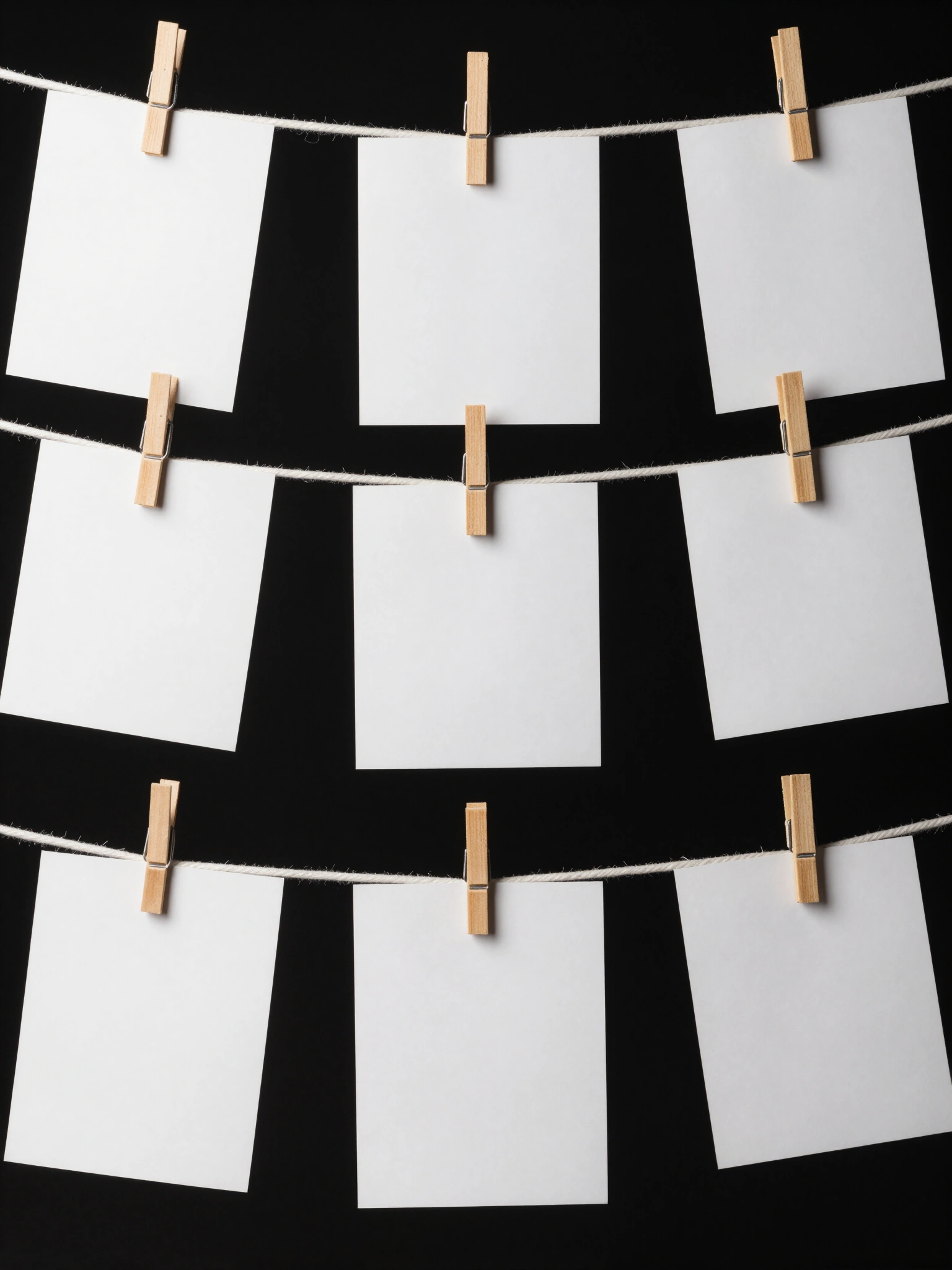 Nine blank Polaroid photos hanging from white clotheslines with wooden clothespins on a black background.