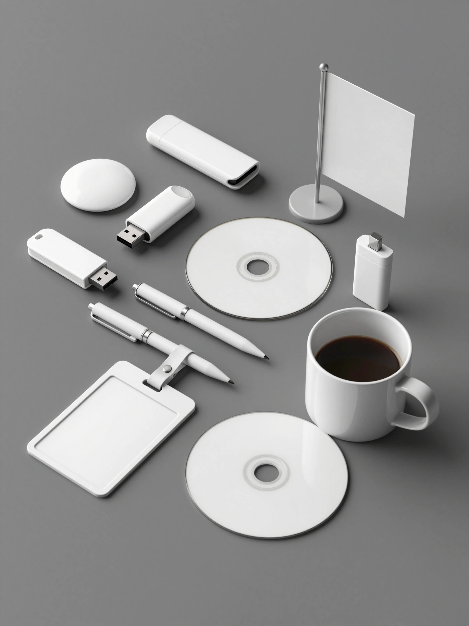 Blank white promotional products and office supplies arranged on a gray background, featuring a pen, USB drive, CD, ID badge, flag, lighter, and coffee mug.