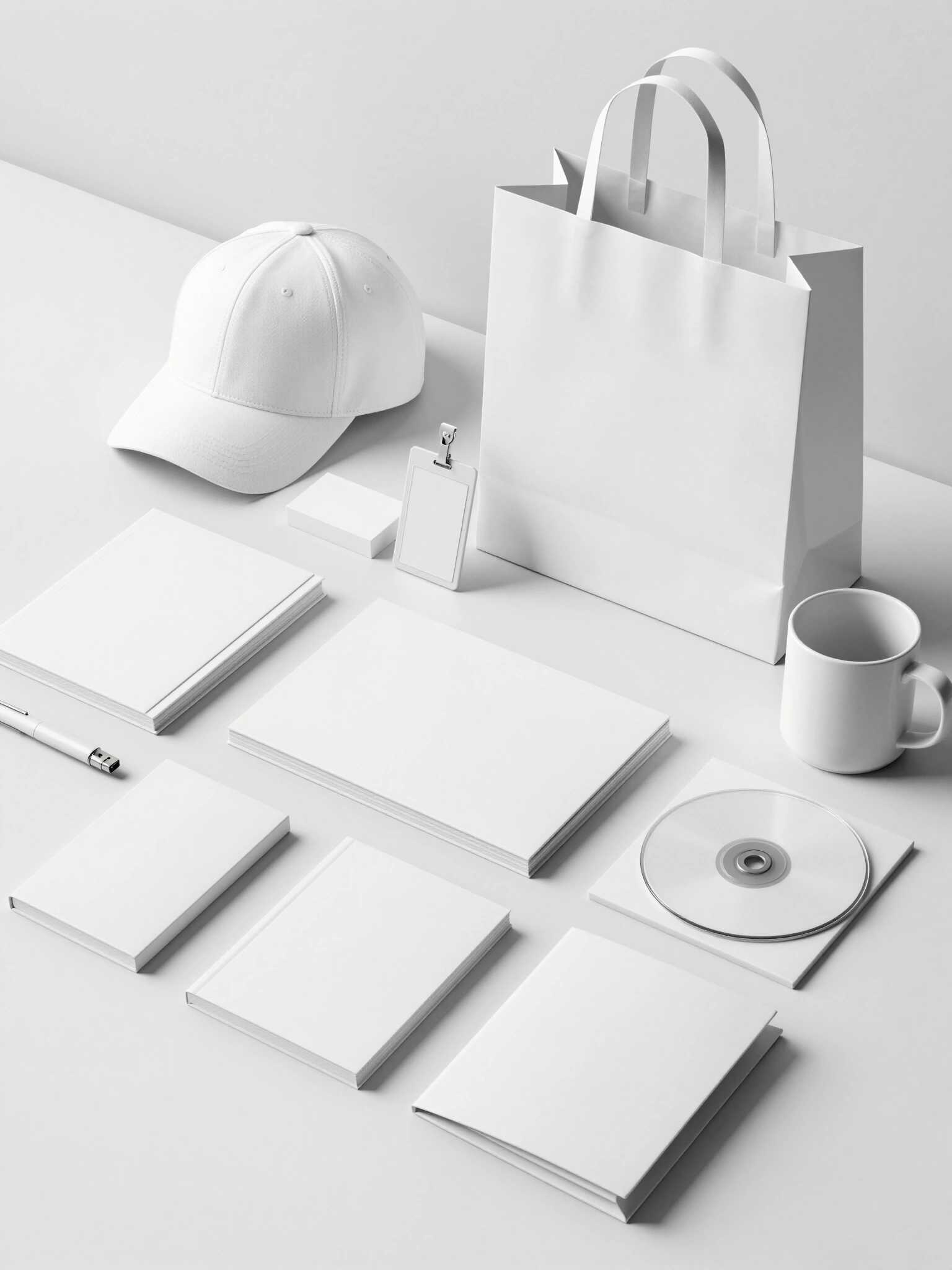 Collection of blank white promotional products and office supplies on a white background