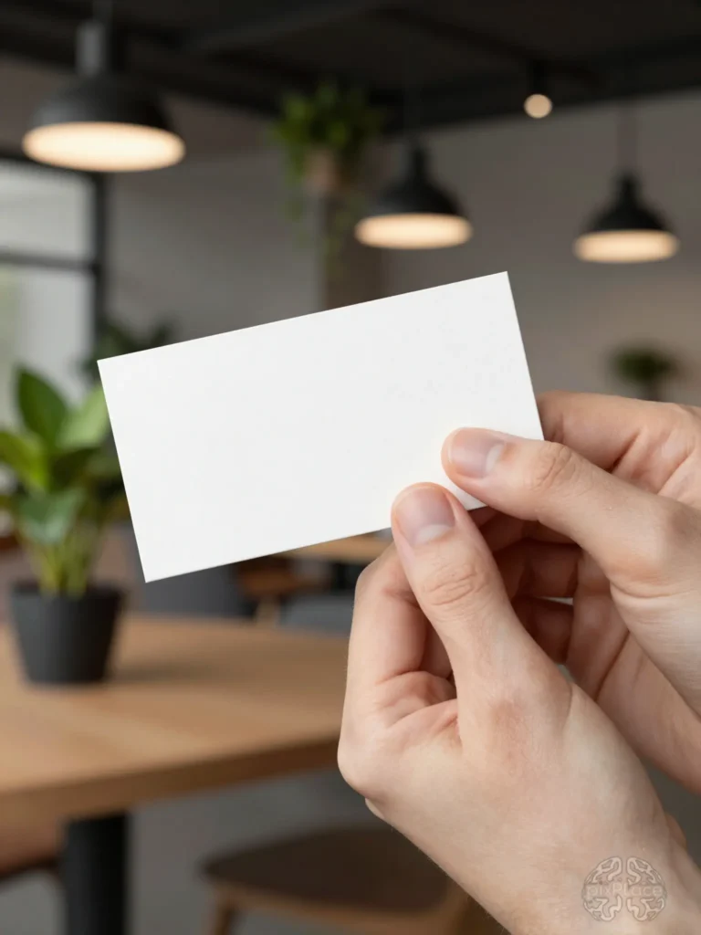 Hand holding a blank white textured business card in a modern indoor setting with hanging lights and green plants