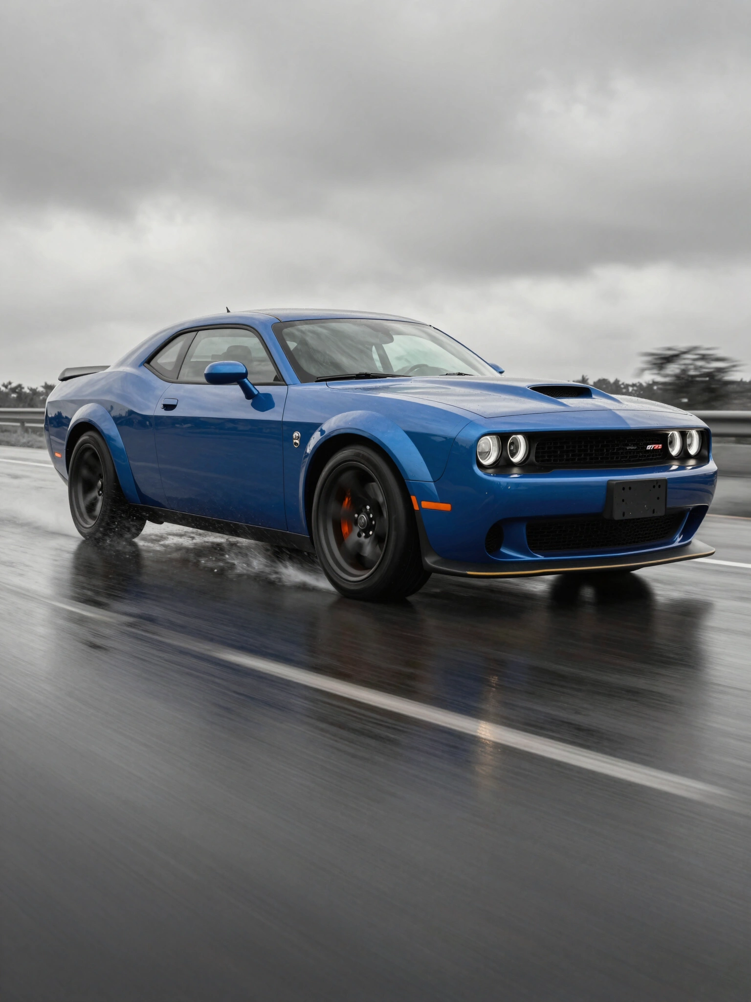 Blue Dodge Challenger SRT Hellcat speeding on a wet road with water splashing around it.
