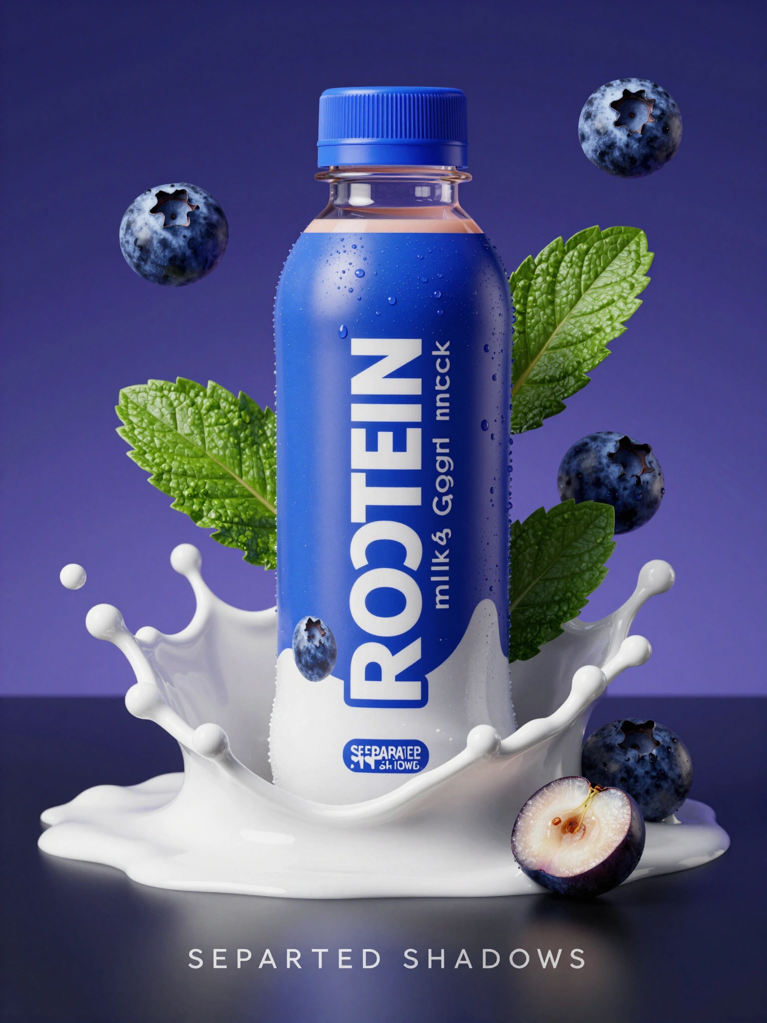 Blue protein drink bottle with blueberries and white liquid splash