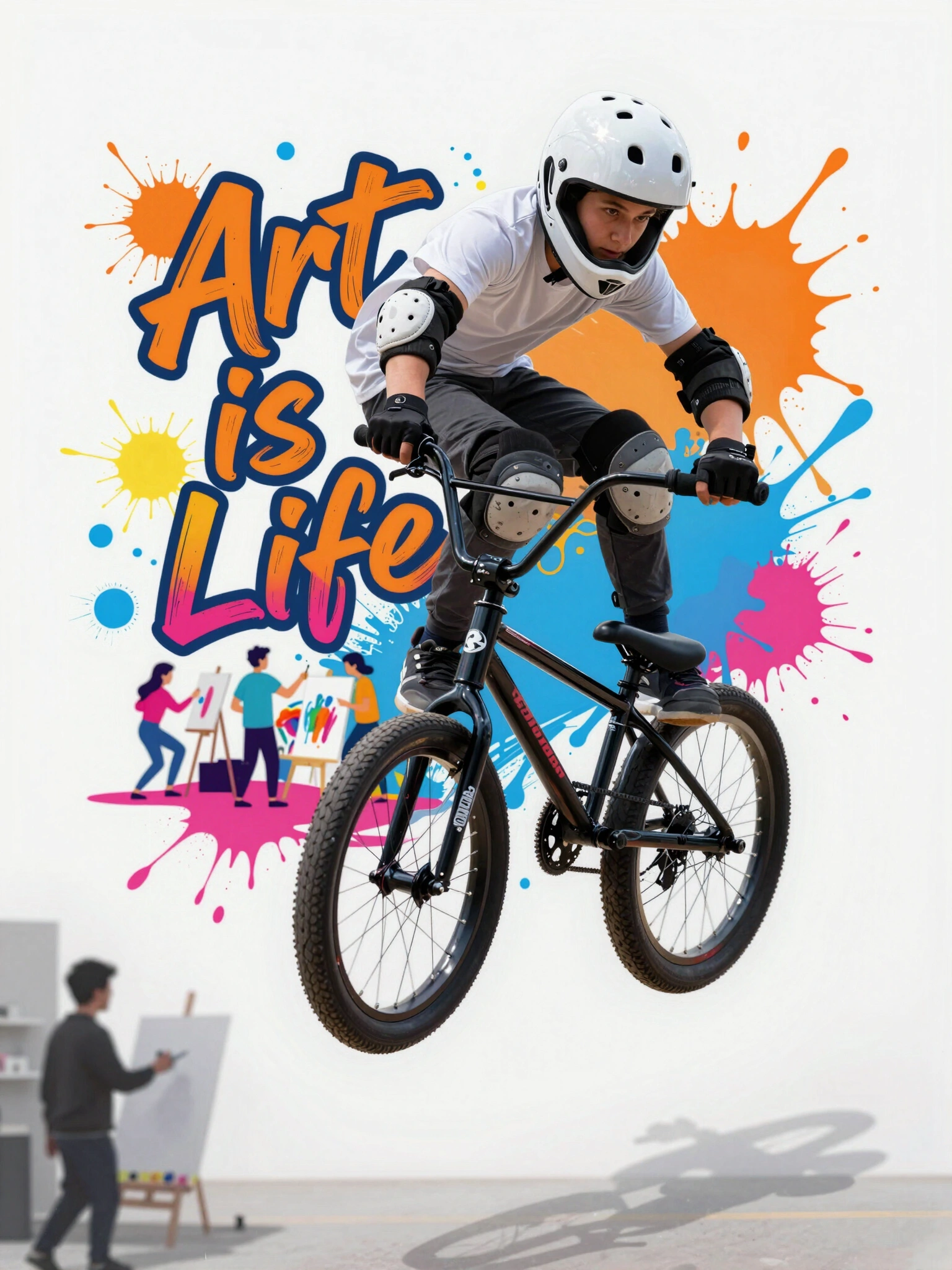 BMX rider in mid-air with 'Art is Life' graffiti background and artistic silhouettes