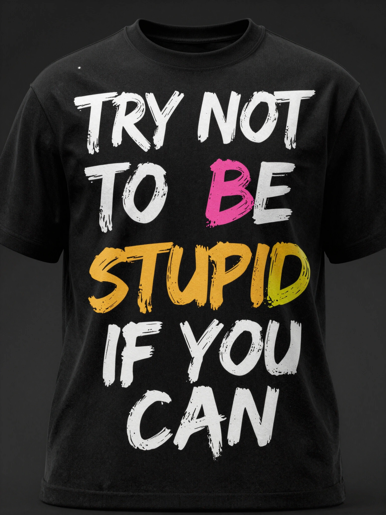 A striking black t-shirt with vibrant, brush-stroke-style lettering reading TRY NOT TO BE STUPID IF YOU CAN! in white and multicolored hues.