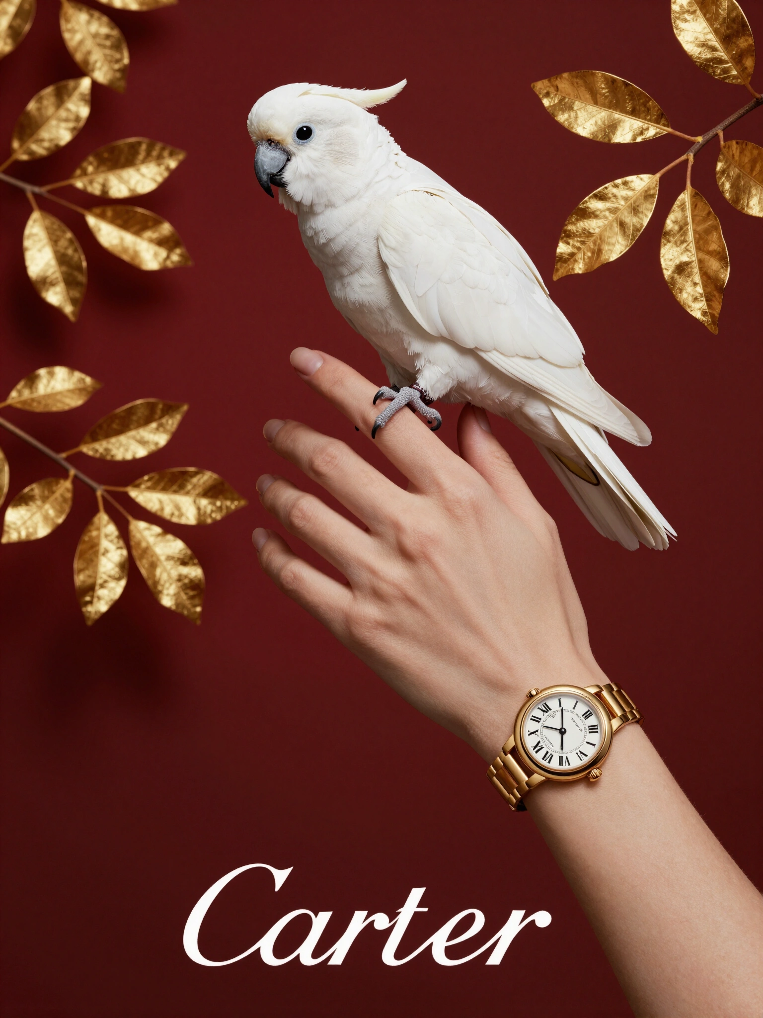Cartier watch ad with gold watch, white parrot, and golden leaves on red background