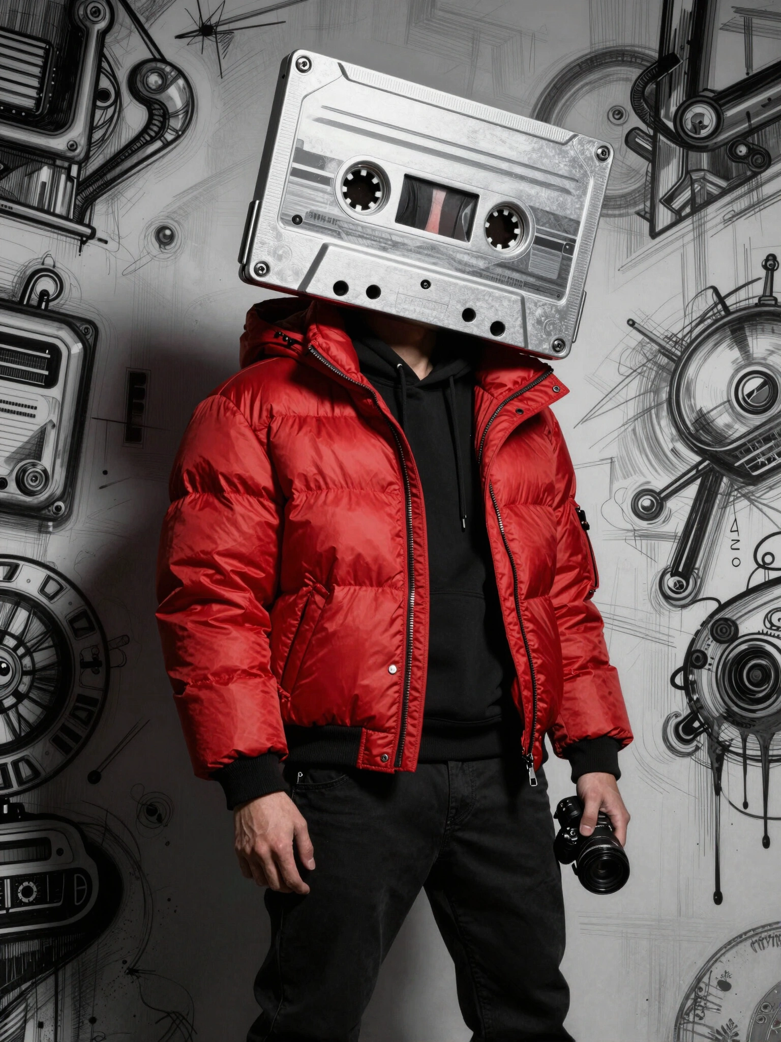 Male model in red puffer jacket with oversized silver cassette tape headpiece against monochromatic graffiti background