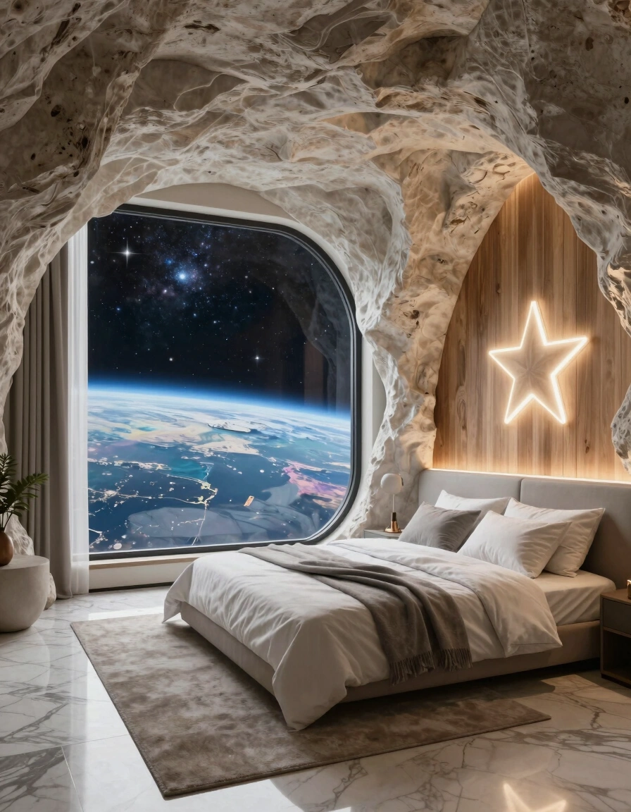 A modern bedroom with a cave-like design, featuring a large window showing the Earth from space, a minimalist bed, and a star-shaped neon light.