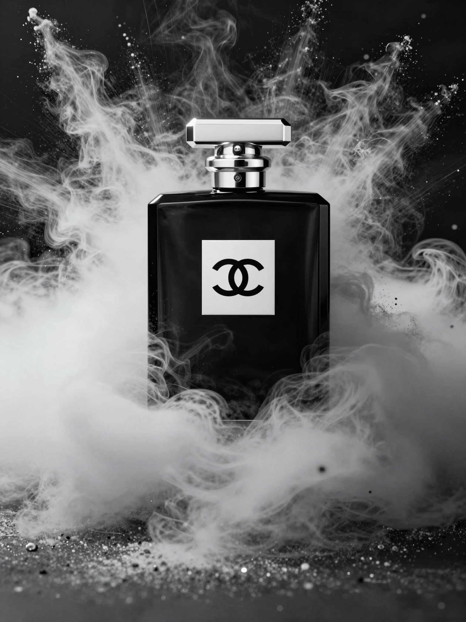 Black Chanel perfume bottle with silver cap surrounded by white cloud