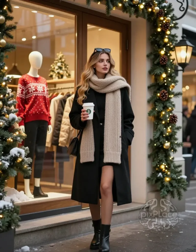 A young woman in a black coat and beige scarf stands outside a clothing store decorated for Christmas, holding a coffee cup and smiling.