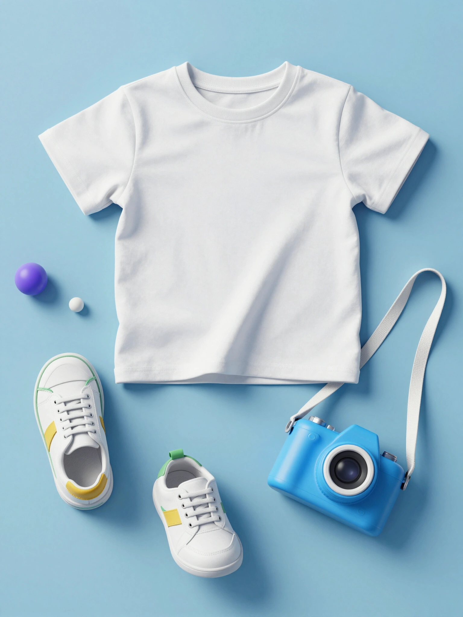 White T-shirt with child-themed accessories on a light blue background