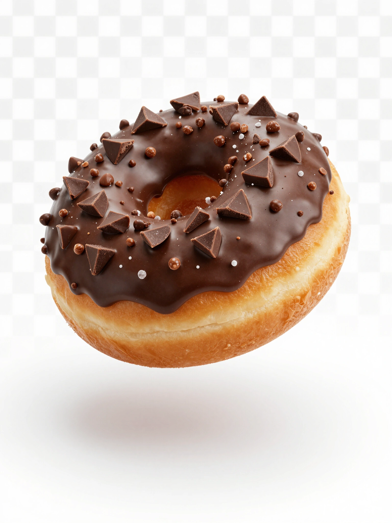 A delicious chocolate frosted donut topped with chopped chocolate and salt, set against a transparent checkered background