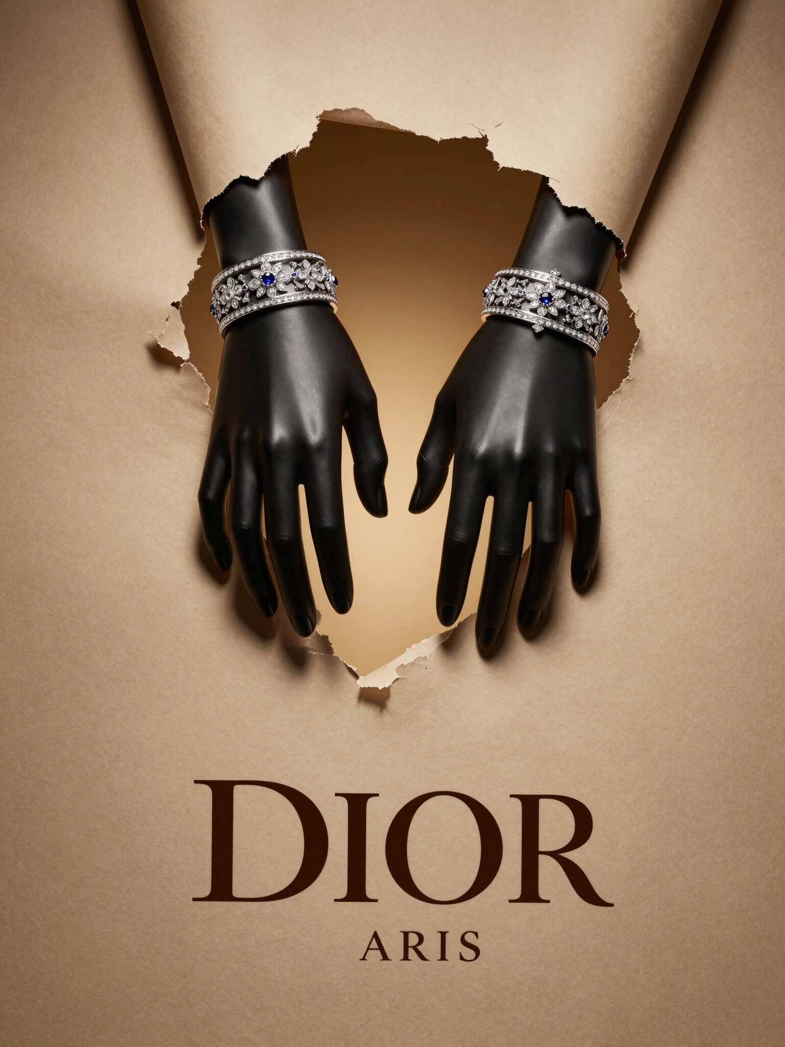 Two black hands wearing Christian Dior silver bracelets break through torn beige paper, showcasing luxurious jewelry against a golden background.