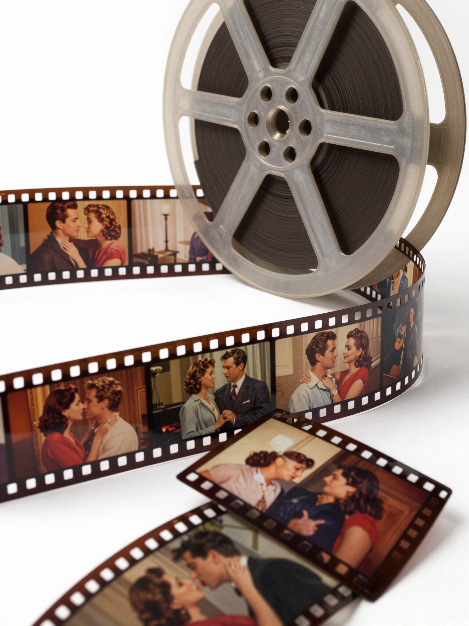 A film reel with 35mm film strip unwinding, displaying romantic movie scenes on its frames.