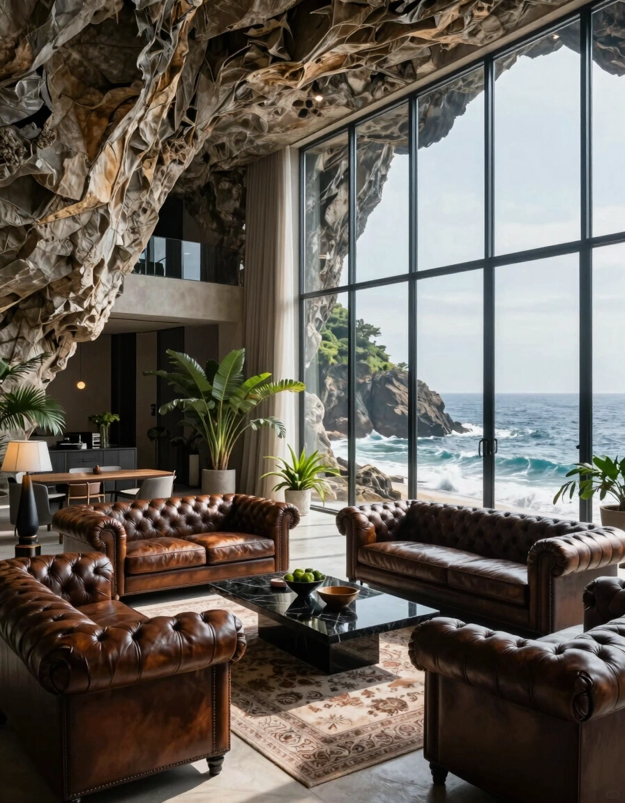 A modern living room inside a cliffside cave with ocean views, featuring leather sofas and a marble coffee table.