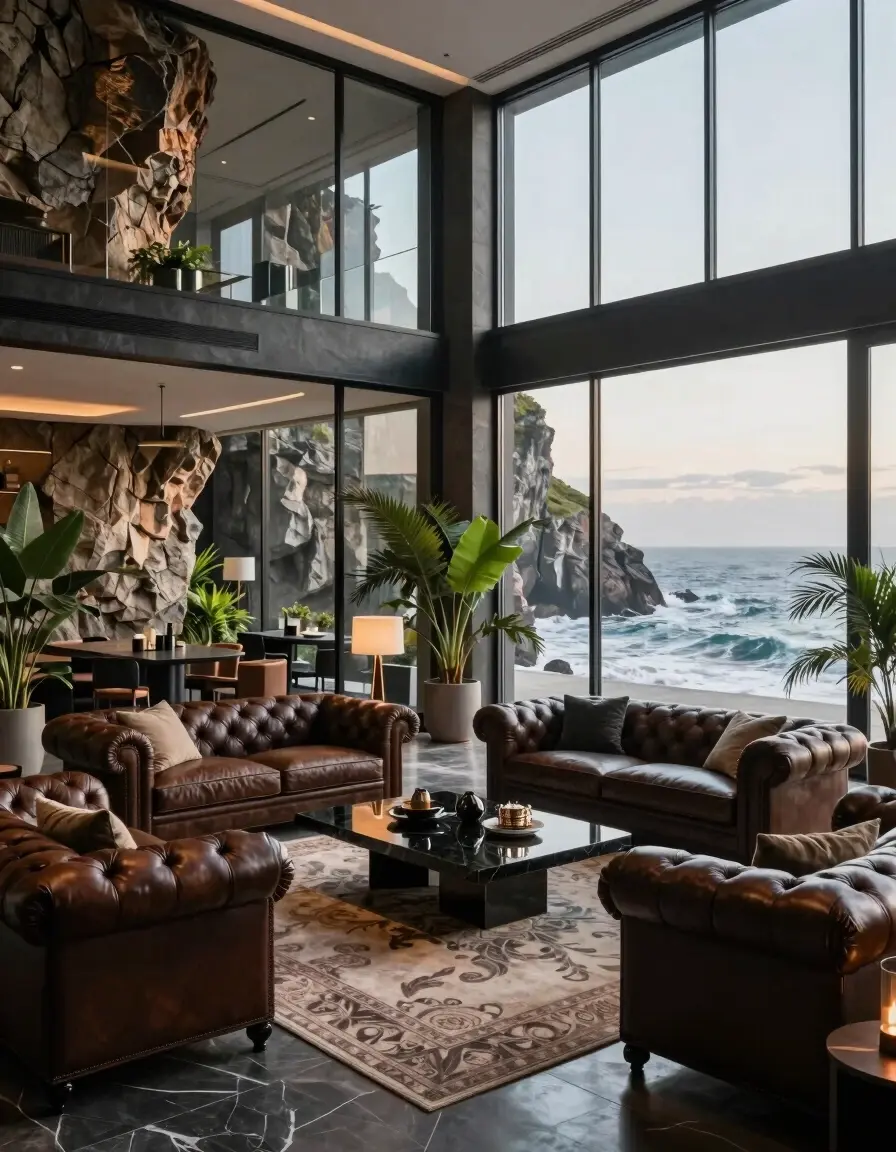 Luxurious cliffside living room with dark leather sofas, black marble coffee table, and large glass panels overlooking the ocean.