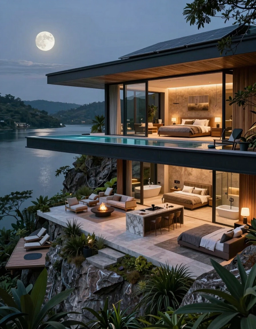 Futuristic cliffside villa with cantilevered pool and modern interior design