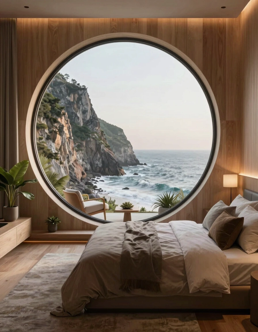 A serene bedroom with a large round window showing a cliffside and ocean, featuring a plush bed and natural wood accents.
