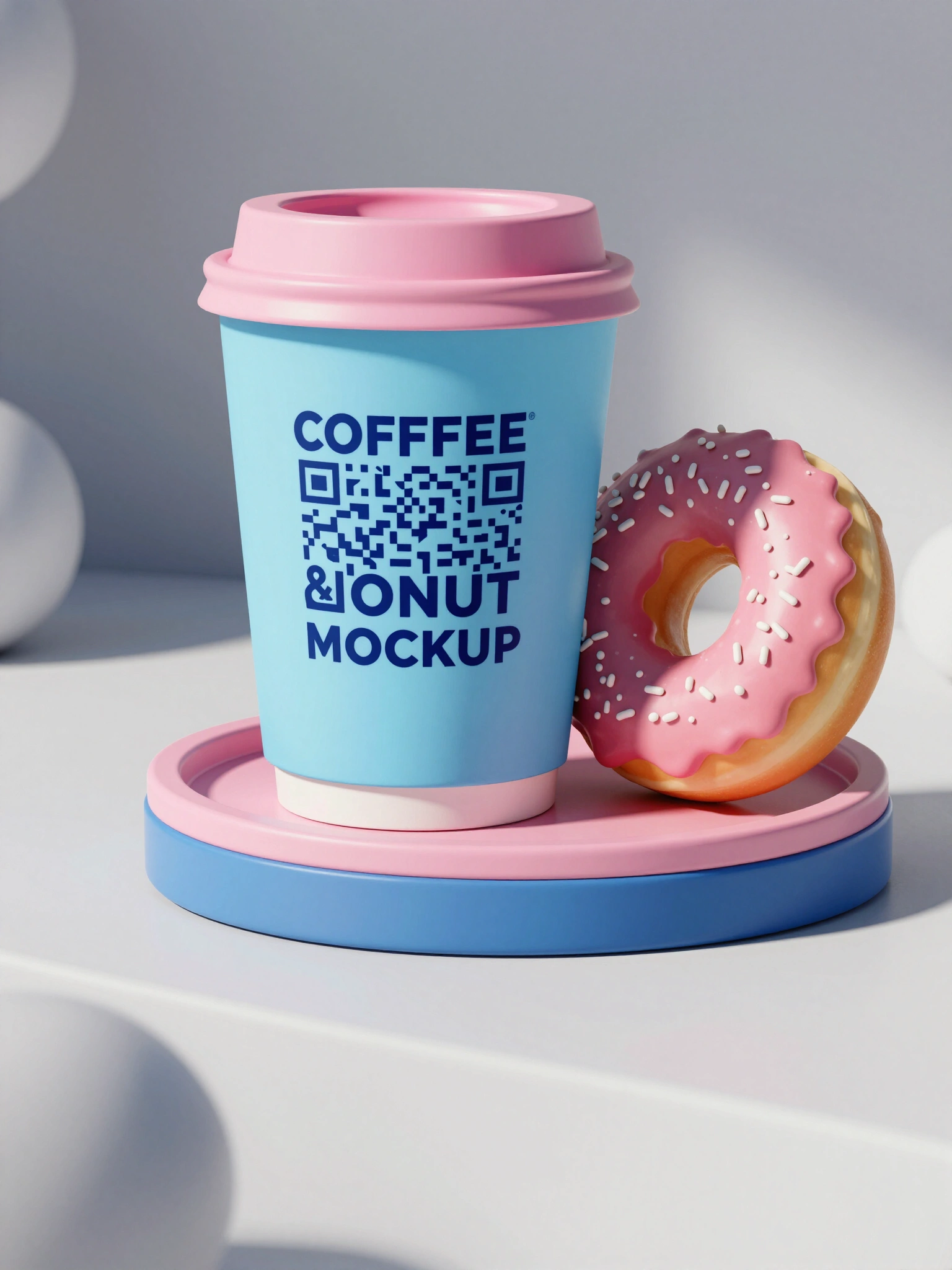 A mockup image of a coffee cup and donut, with a light blue cup, pink lid, and a donut with white sprinkles, set against a white background.