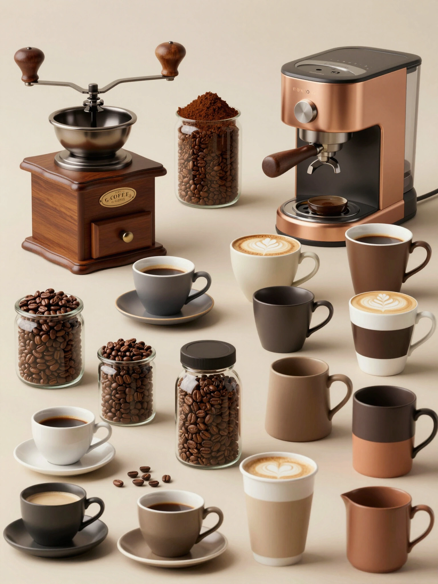 A hyper-realistic image of a coffee-themed product collection, showcasing a variety of coffee-related items in a visually appealing composition.