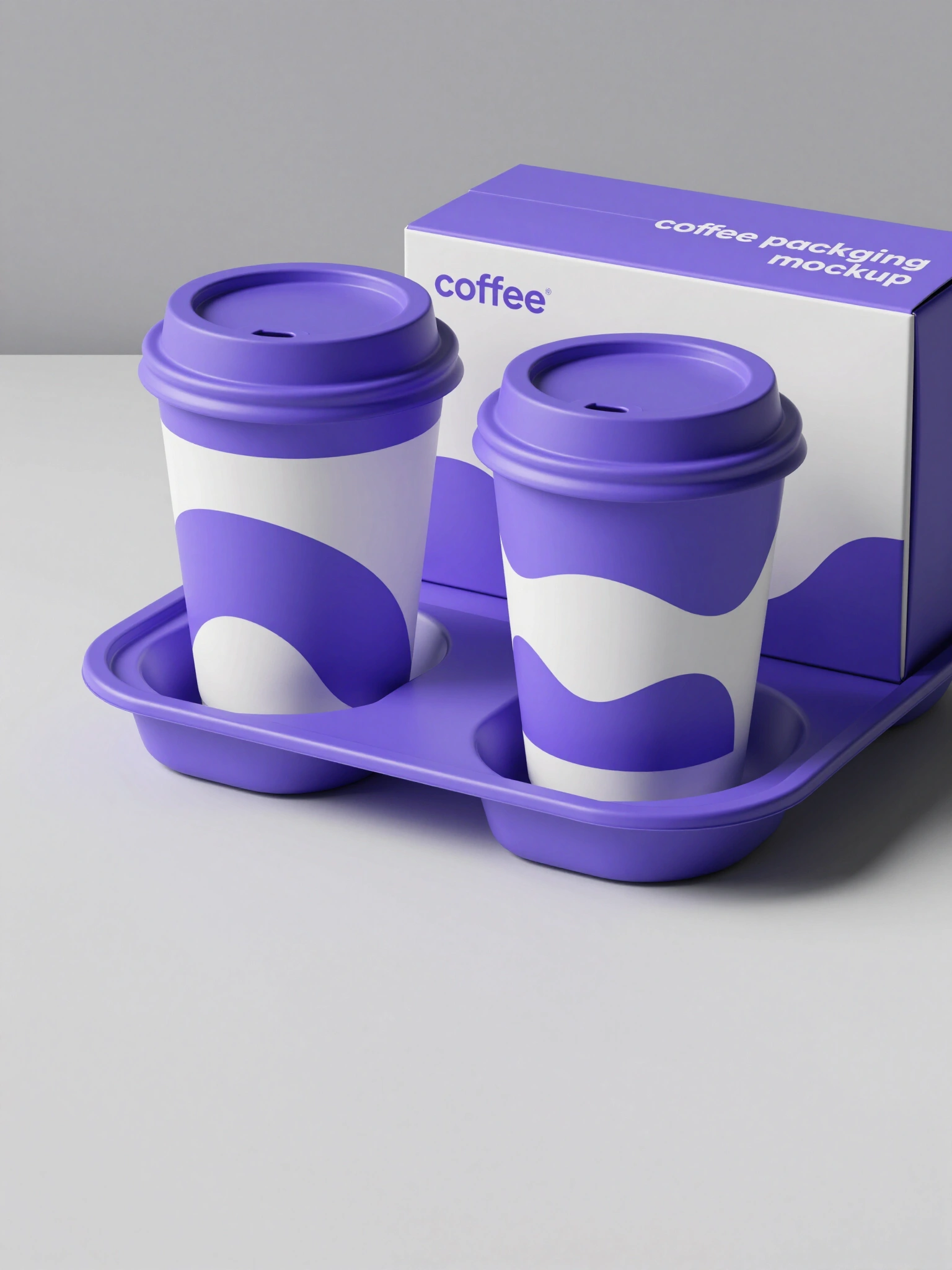 Coffee cup packaging mockup with abstract design and purple white color scheme