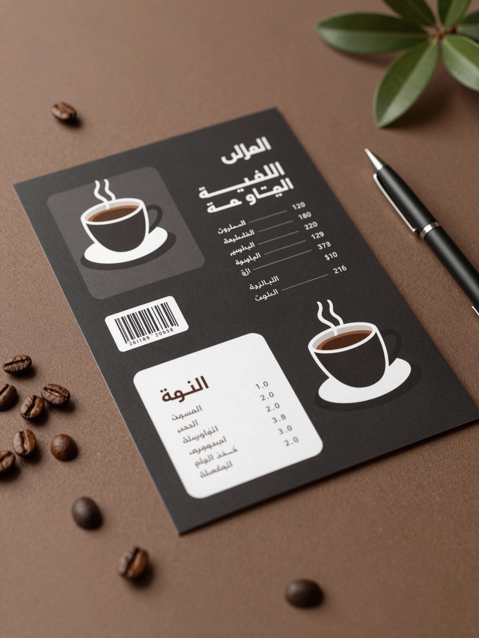 A coffee menu design concept with a dark color scheme and white accents, featuring a stylized coffee cup illustration and Arabic text.