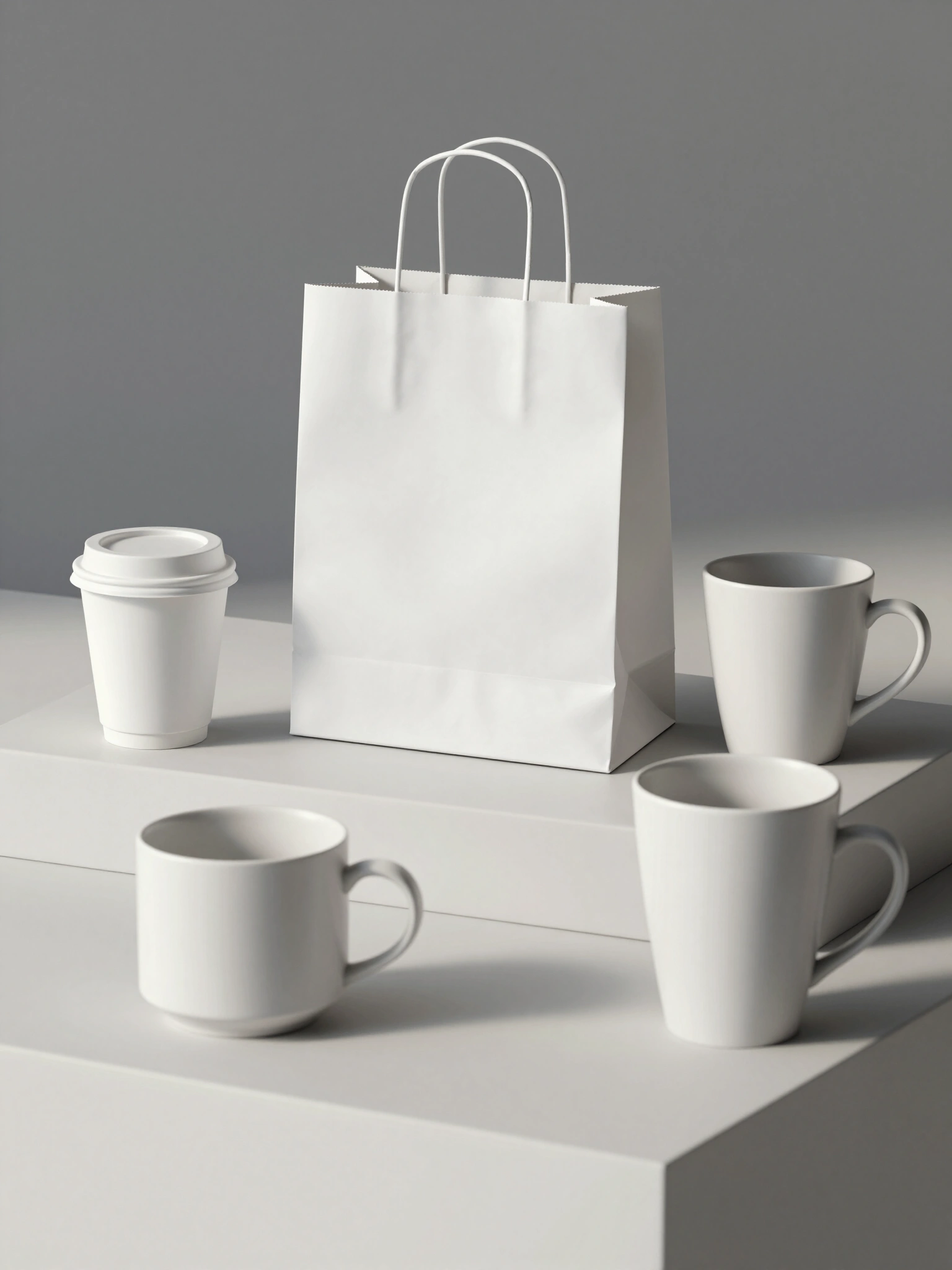 White coffee shop branding set on gray background with paper bag, coffee cups, and box.