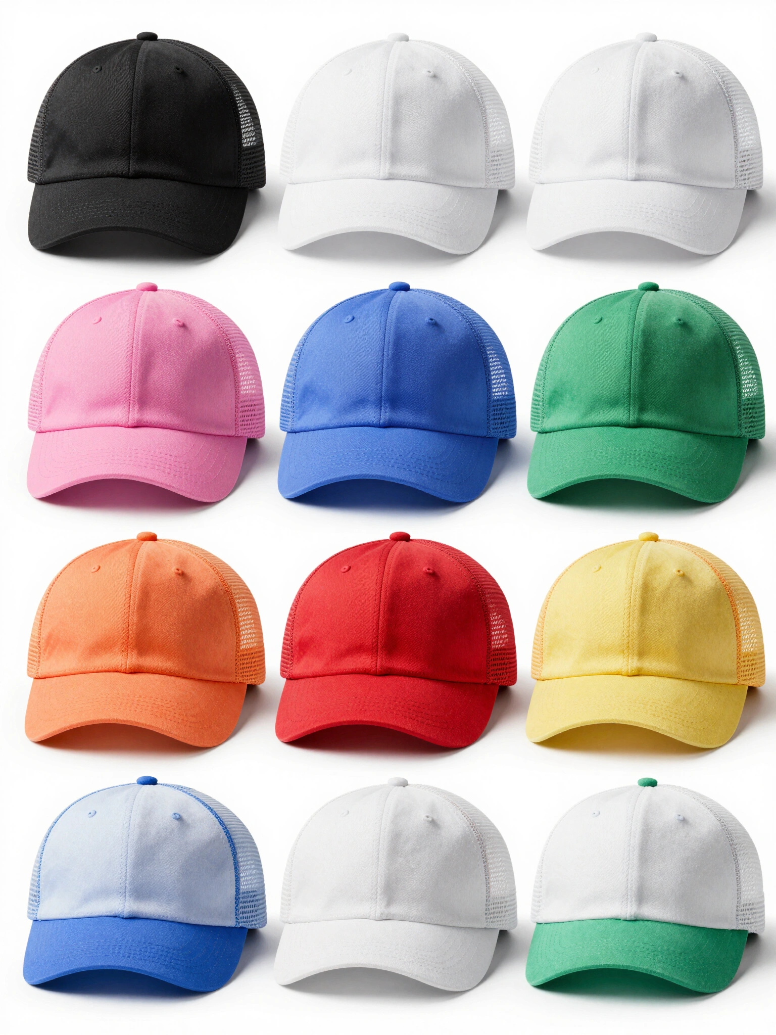 Assorted baseball caps in different colors arranged in rows on a white background