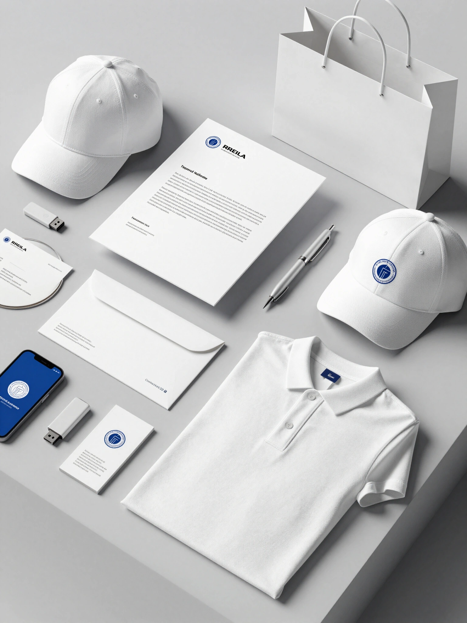 Corporate branding identity set mockup with various branded items on a gray surface