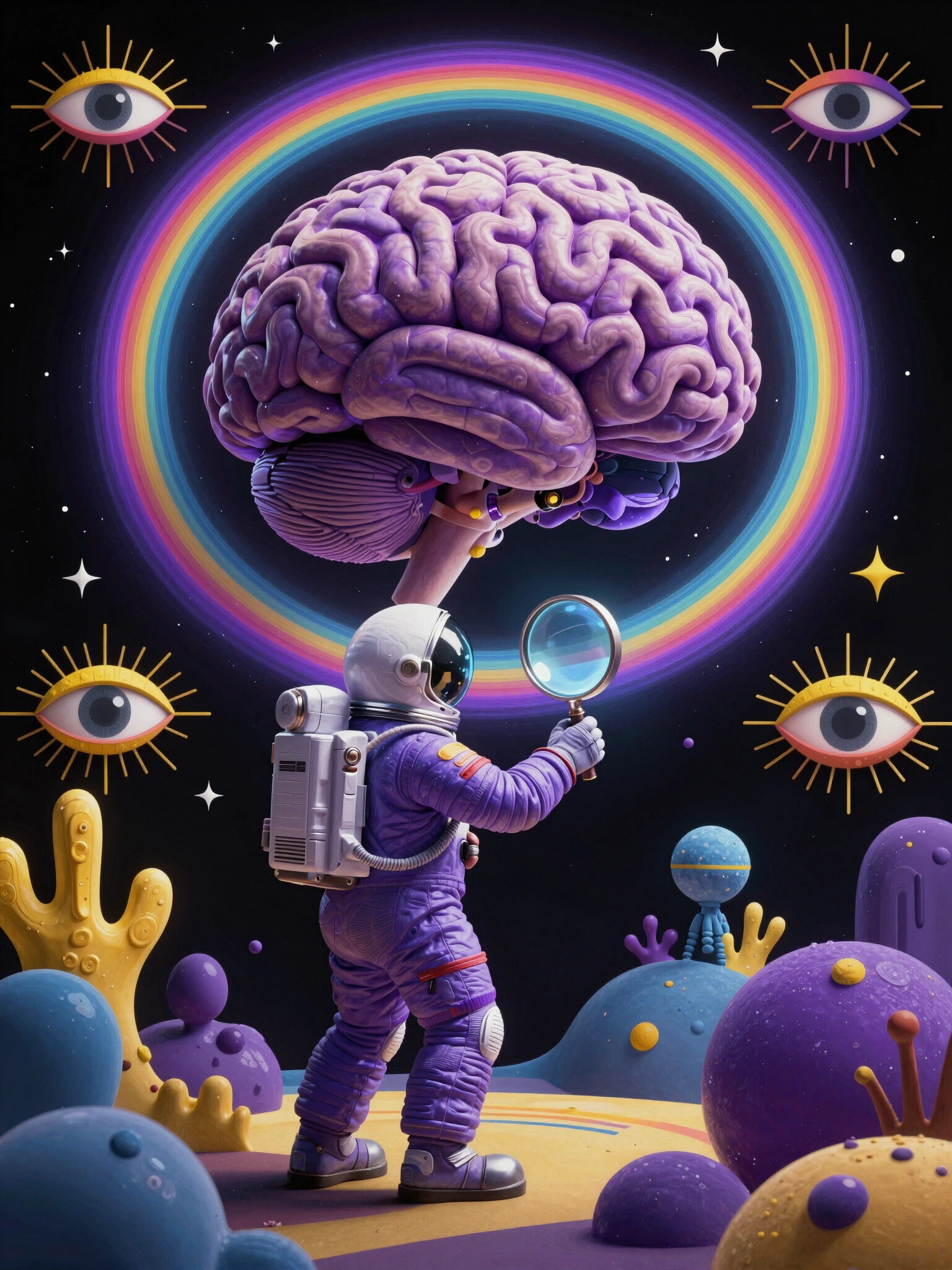 Surreal image of a large purple brain in space with an astronaut and symbolic elements