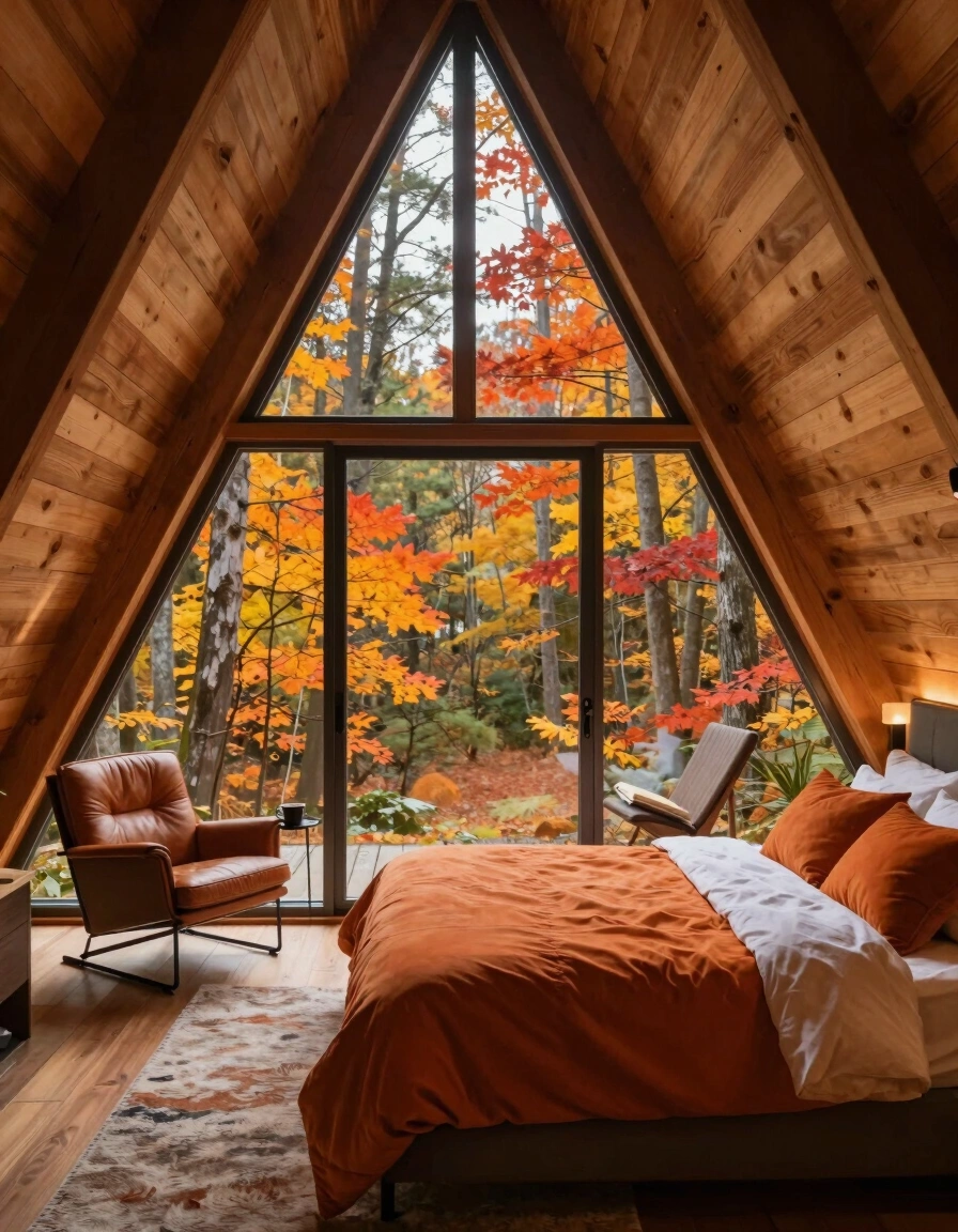 A cozy A-frame bedroom with a large triangular window showing a forest in autumn colors, warm wooden walls, and comfortable bedding and seating.