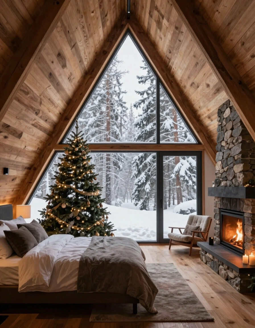 A cozy A-frame bedroom with a large window showing a snowy forest, a lit fireplace, and a decorated Christmas tree.