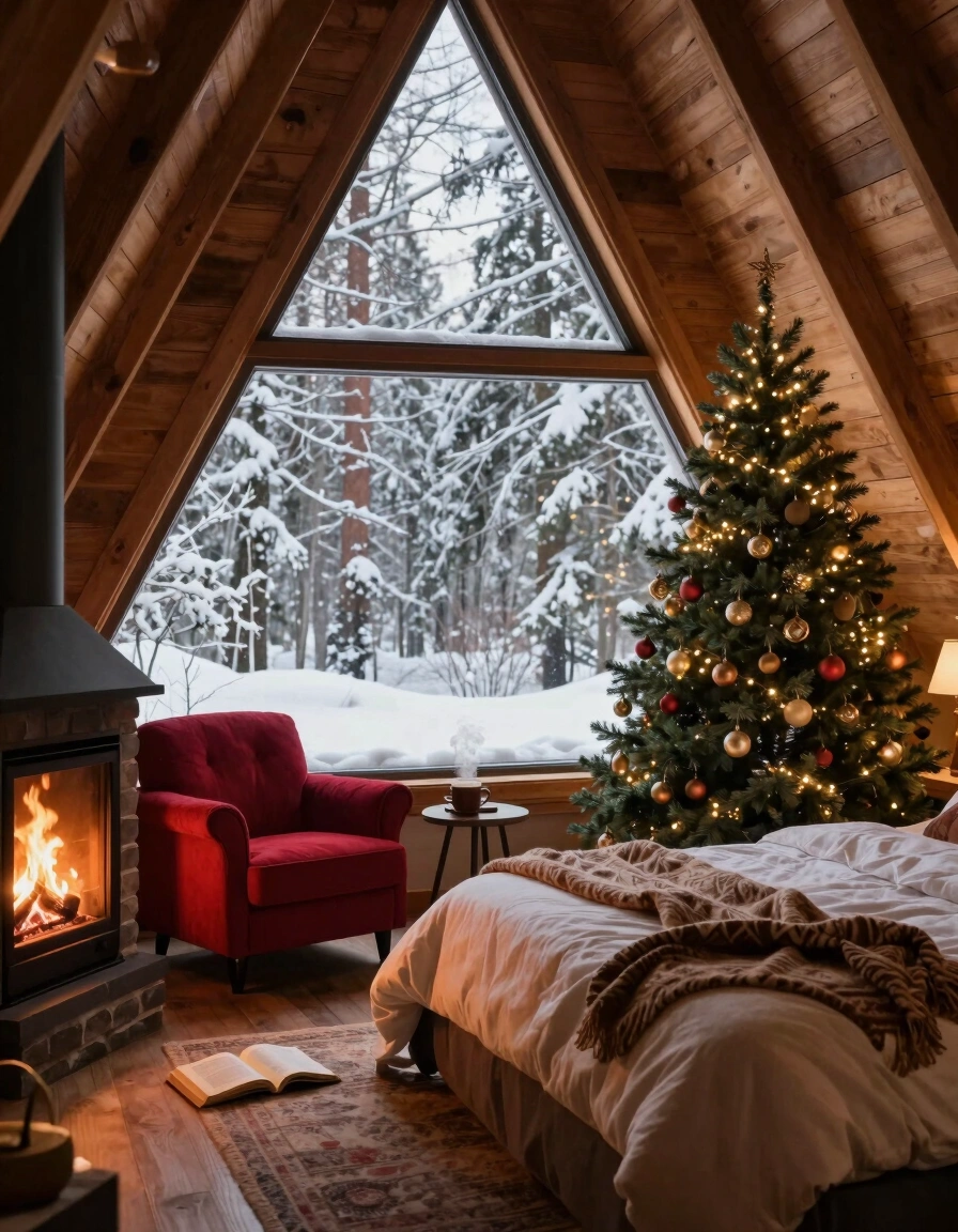 A cozy A-frame bedroom with a large triangular window, fireplace, Christmas tree, and comfortable bed, surrounded by a snowy forest.