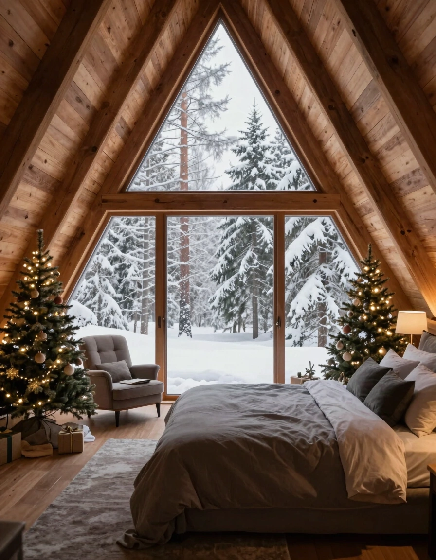 A peaceful A-frame bedroom with a large window showing a snowy forest, a comfortable bed, and festive Christmas trees.